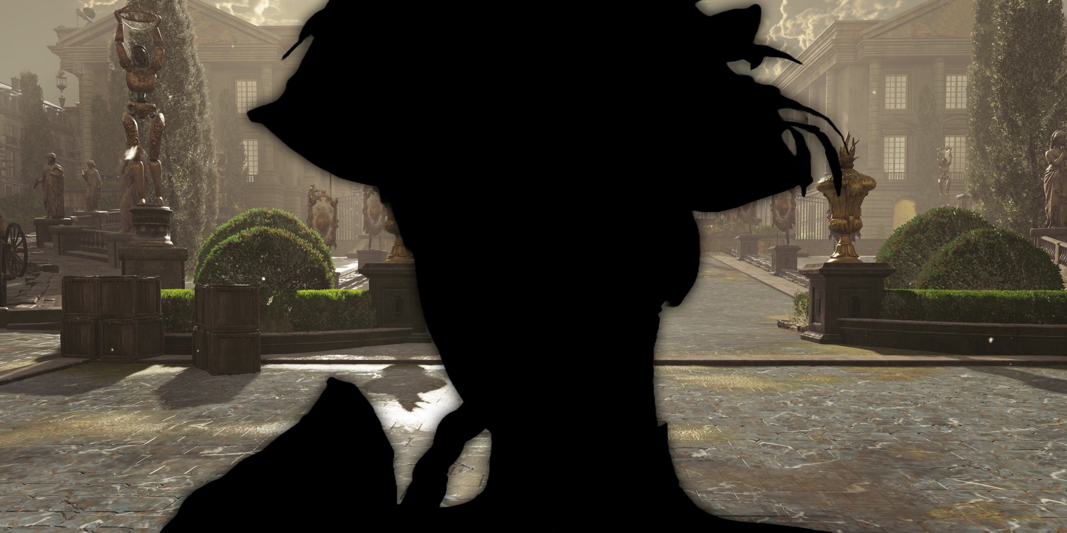 A silhouette of the automaton Aegis from Steelrising in front of Versailles.