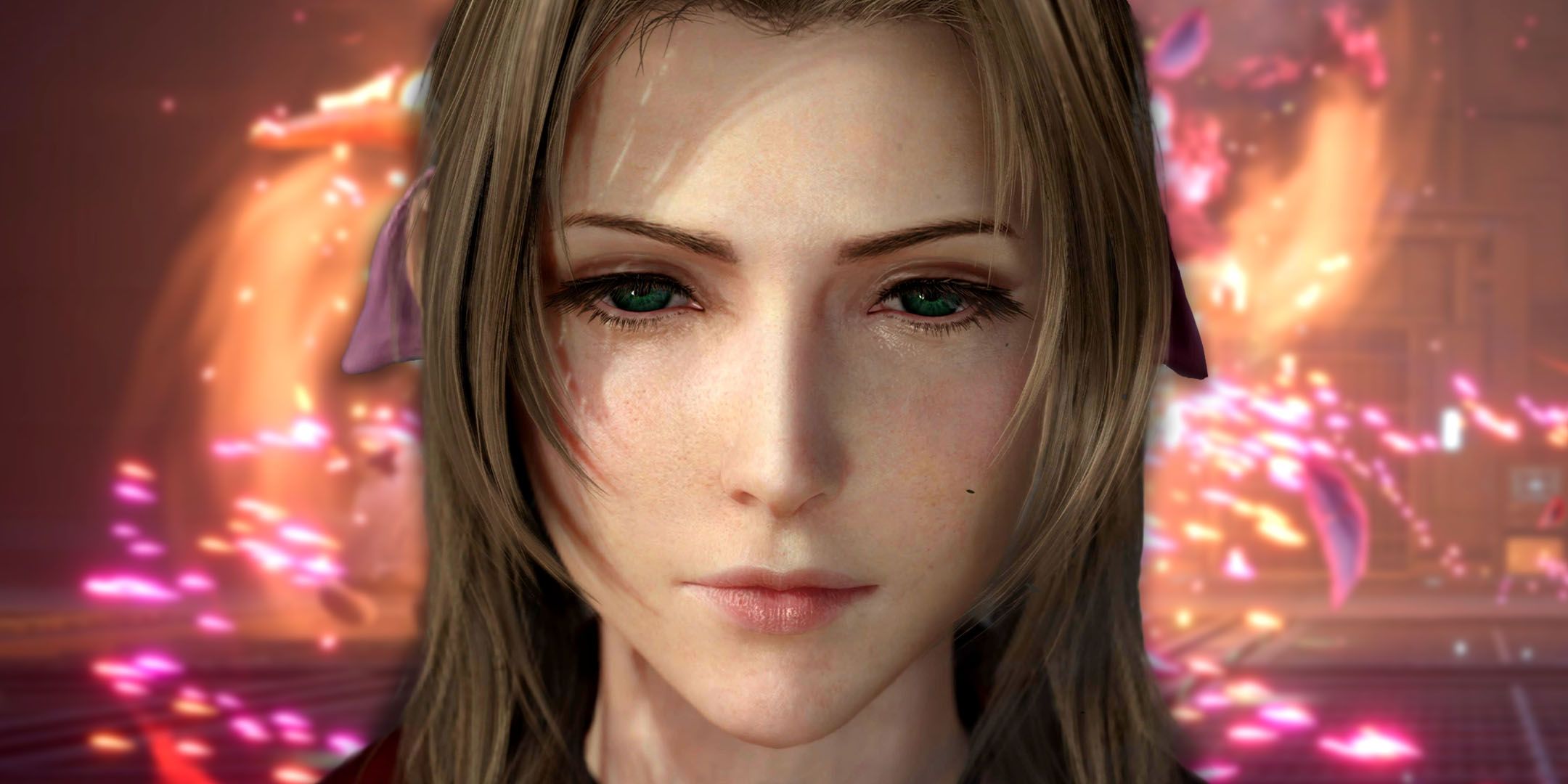 Aerith from FF7 Rebirth looking sad in front of an image of magical effects in combat.