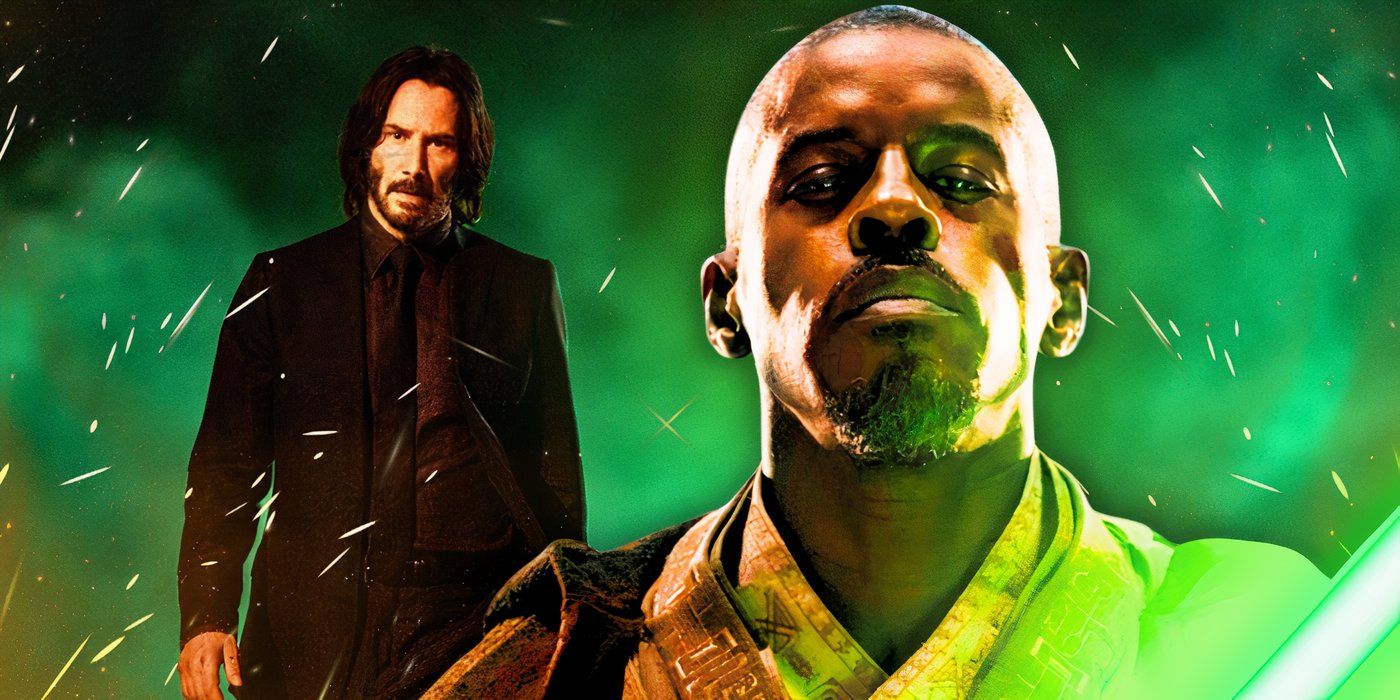 Keanu Reeves as John Wick to the left and Ahmed Best as Kelleran Beq to the right in front of a green background in a combined image