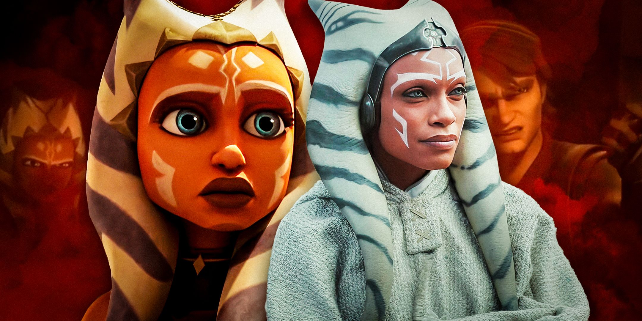 Ahsoka animated looking surprised to the left and Ahsoka in live action to the right with Anakin and Ahsoka in the background