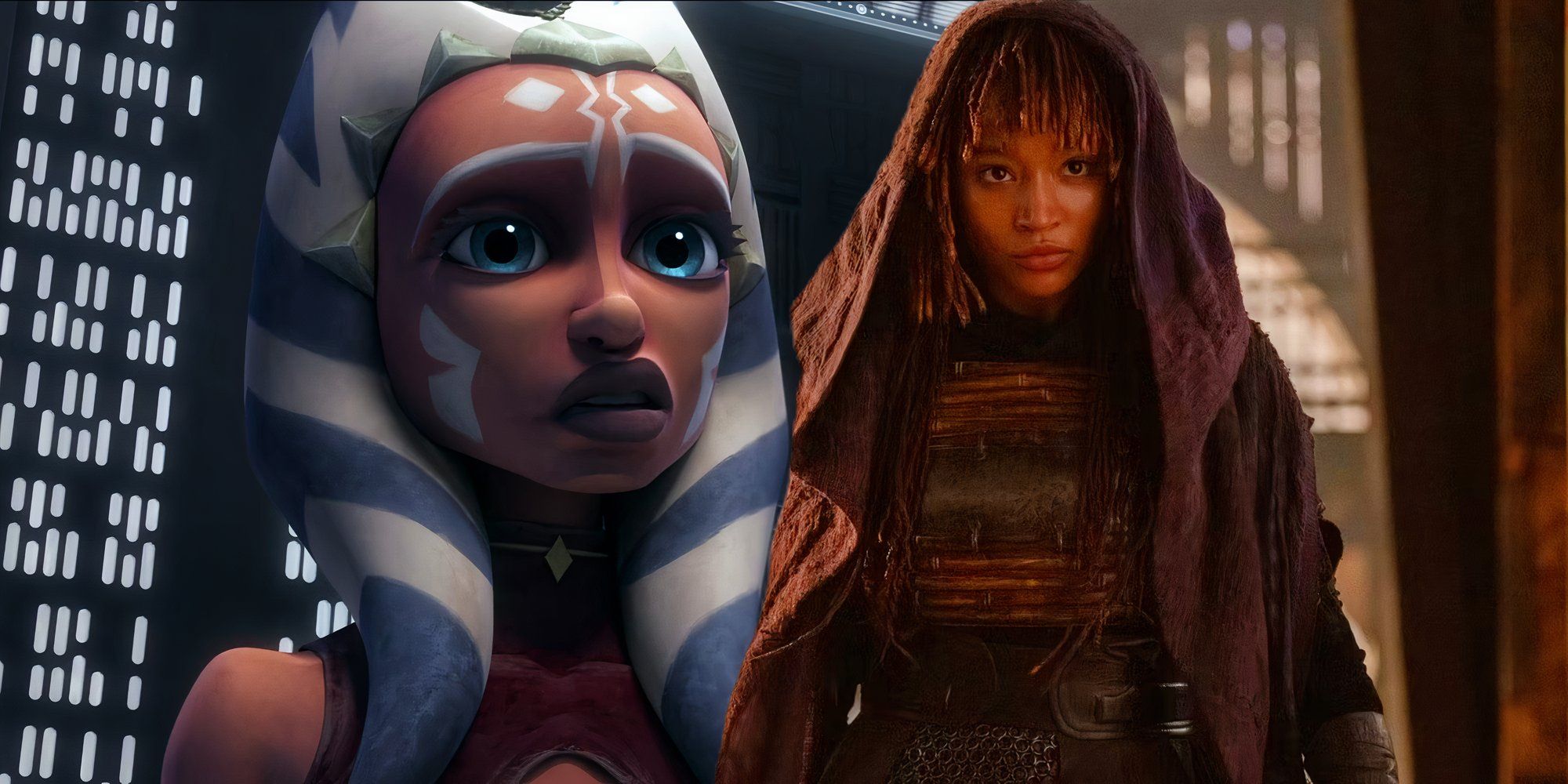 Ahsoka in Star Wars: The Clone Wars next to Mae (Amandla Stenberg) wearing a hood in The Acolyte