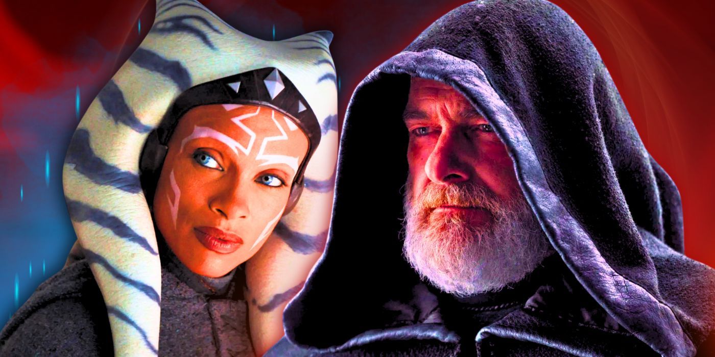 Ahsoka Tano wearing her gray robes and Baylan Skoll wearing his black cloak with the hood raised in Ahsoka season 1, both standing in front of a red and blue background.