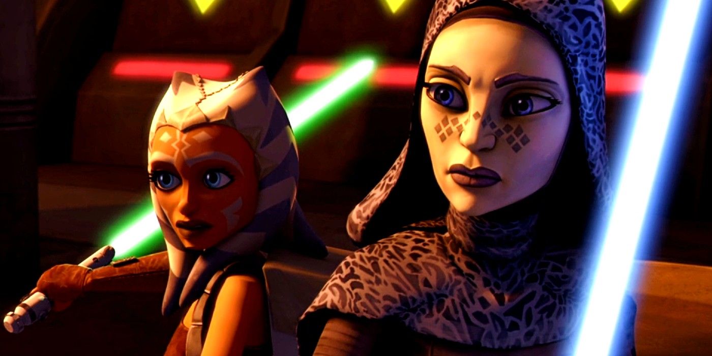 Ahsoka Tano and Barriss Offee stand side by side with lightsabers ignited in in Star Wars: The Clone Wars season 2, episode 6 