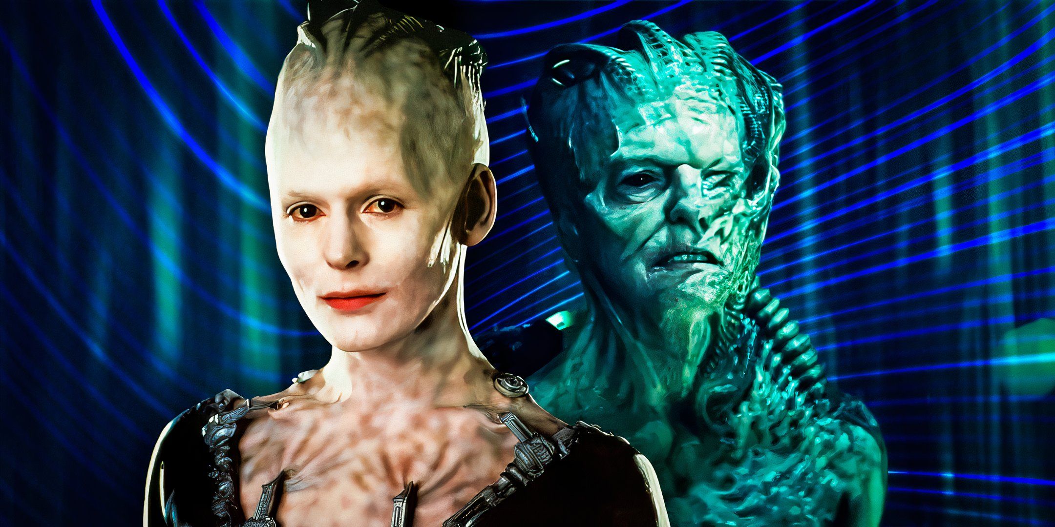 Alice Krige as the original Borg Queen and Jane Edwina Seymour as the deformed Borg Queen