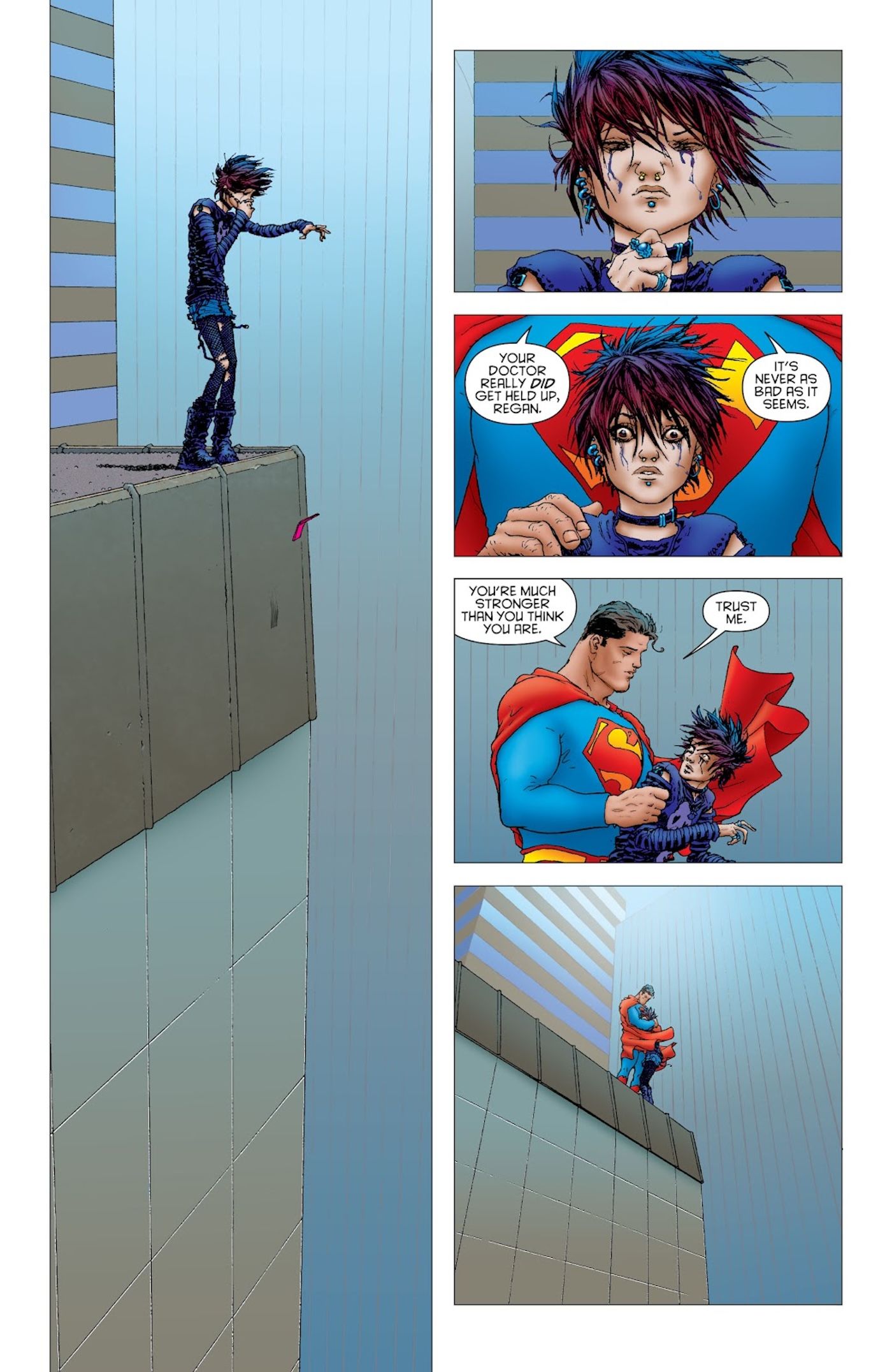 Comic book panels: a girl looks ready to jump from a building, but Superman puts a hand on her shoulder and then hugs her.