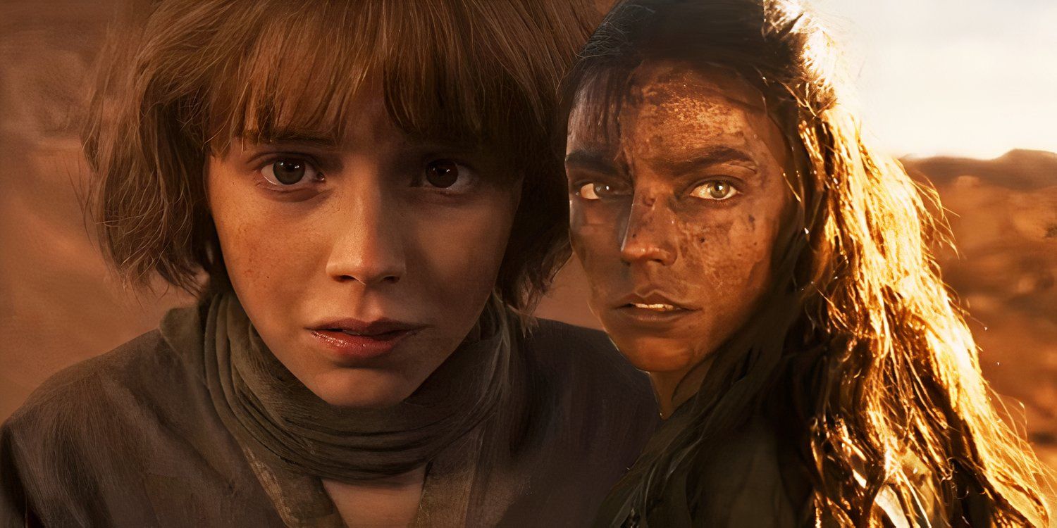 Alyla Browne as young Furiosa next to Anya Taylor-Joy as older Furiosa in Furiosa A Mad Max Saga
