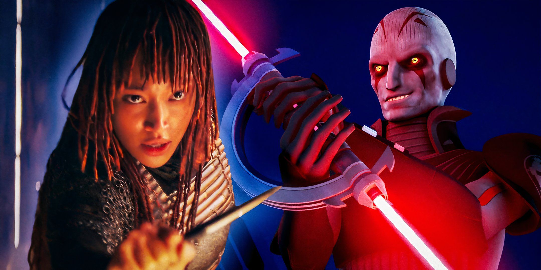 Amandla Stenbeg's Mae holds her dagger, and the Grand Inquisitor wields his lightsaber, edited together