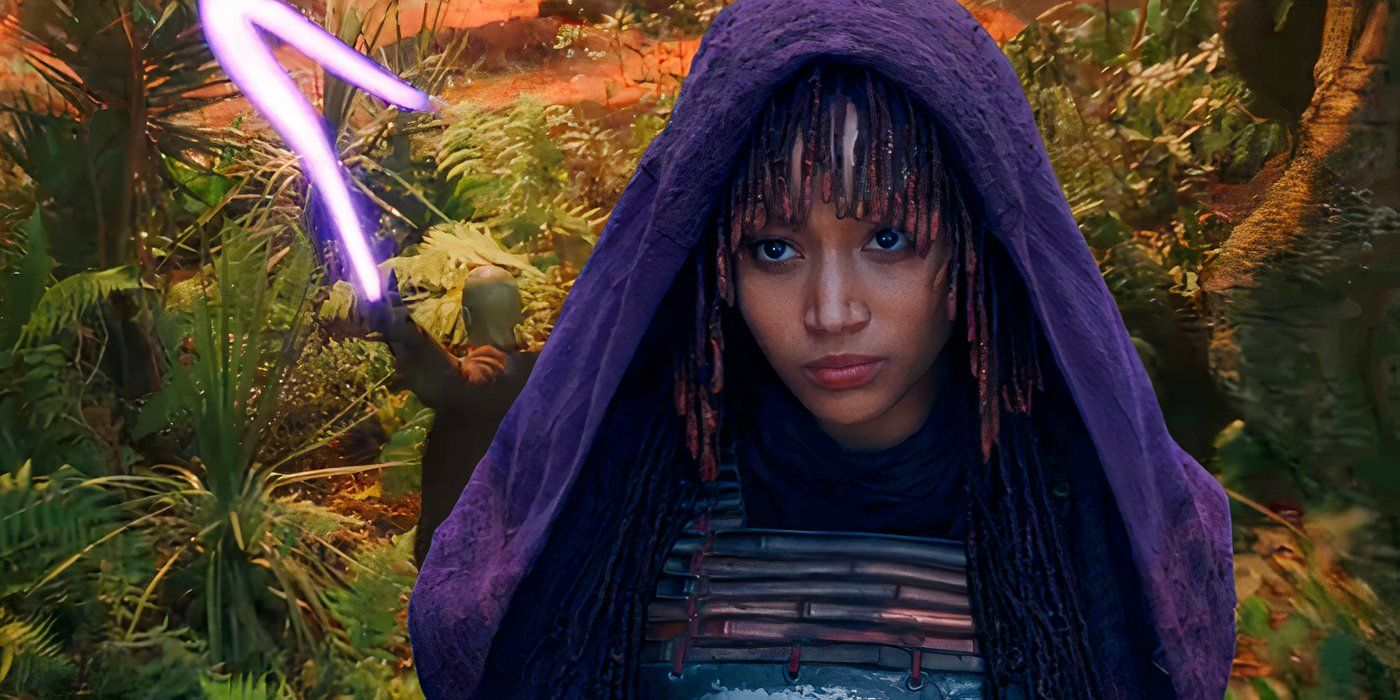 Amandla Stenberg as Mae from Star Wars The Acolyte in Front of a Light Saber Whip