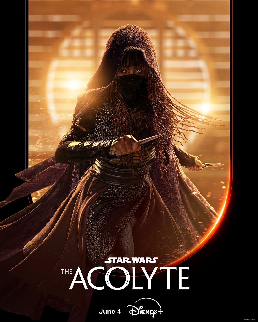 Amandla Stenberg como Mae segurando uma adaga em Star Wars The Acolyte Poster