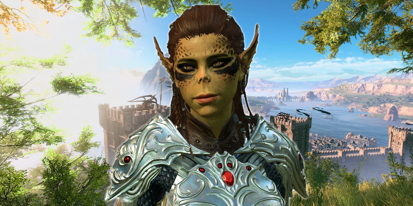 Lae'zel, a green githyanki from Baldur's Gate 3, is wearing silver armor plating with ruby gems. She is smiling lovingly at the camera.