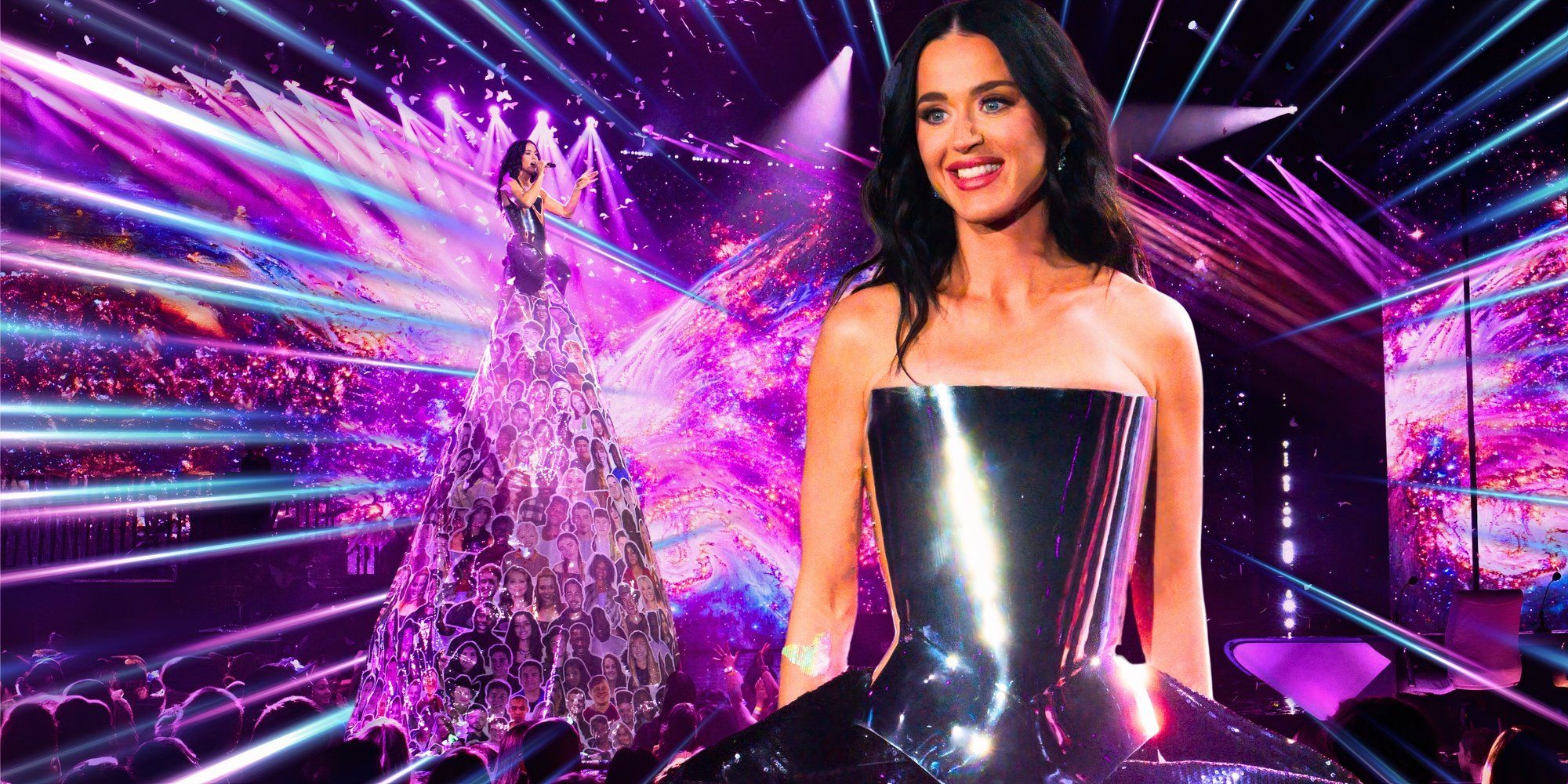 American Idol’s Katy Perry smiles while wearing large dress featuring contestants.