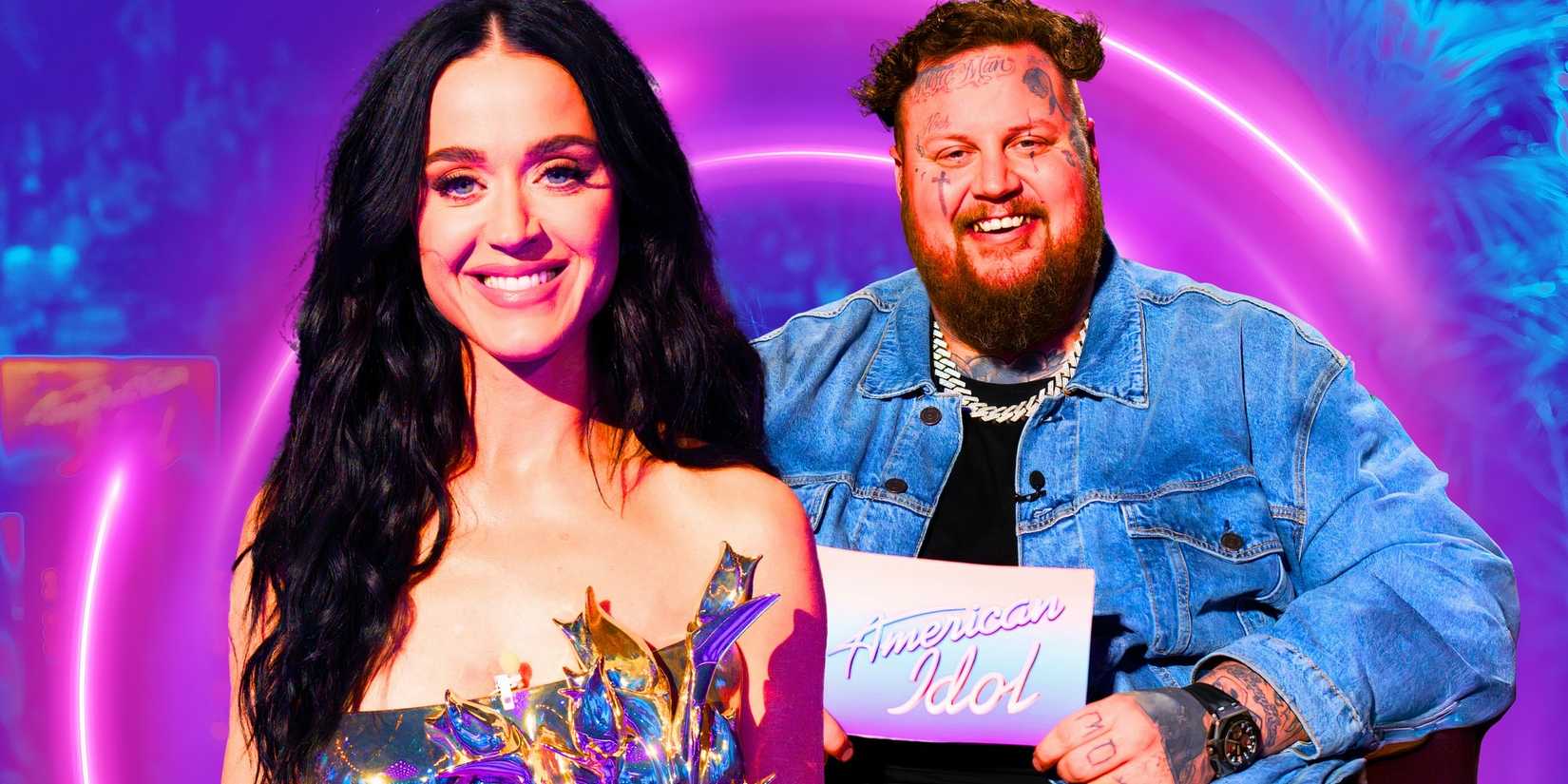 American Idol’s Katy Perry smiles and Jelly Roll smiles while holding an American Idol card.