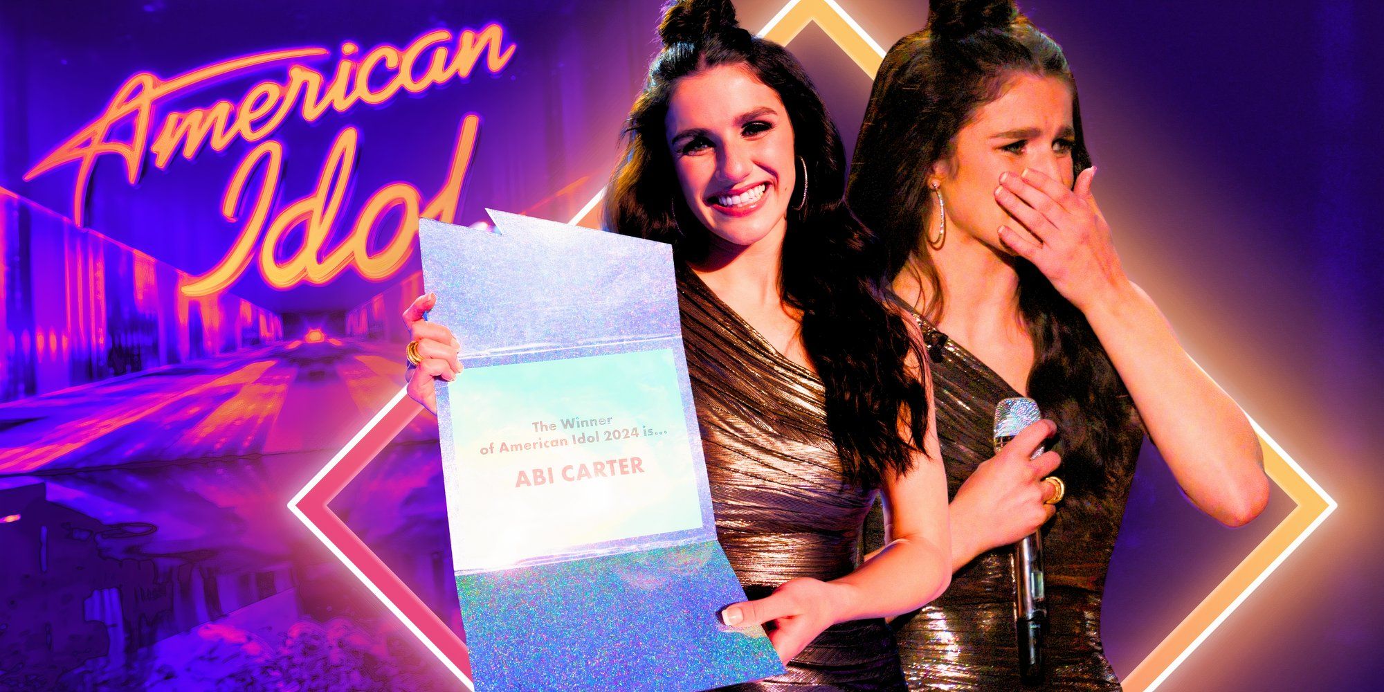 American Idol Season 22 Winner Abi Carter holds the winner card and gets emotional after winning.