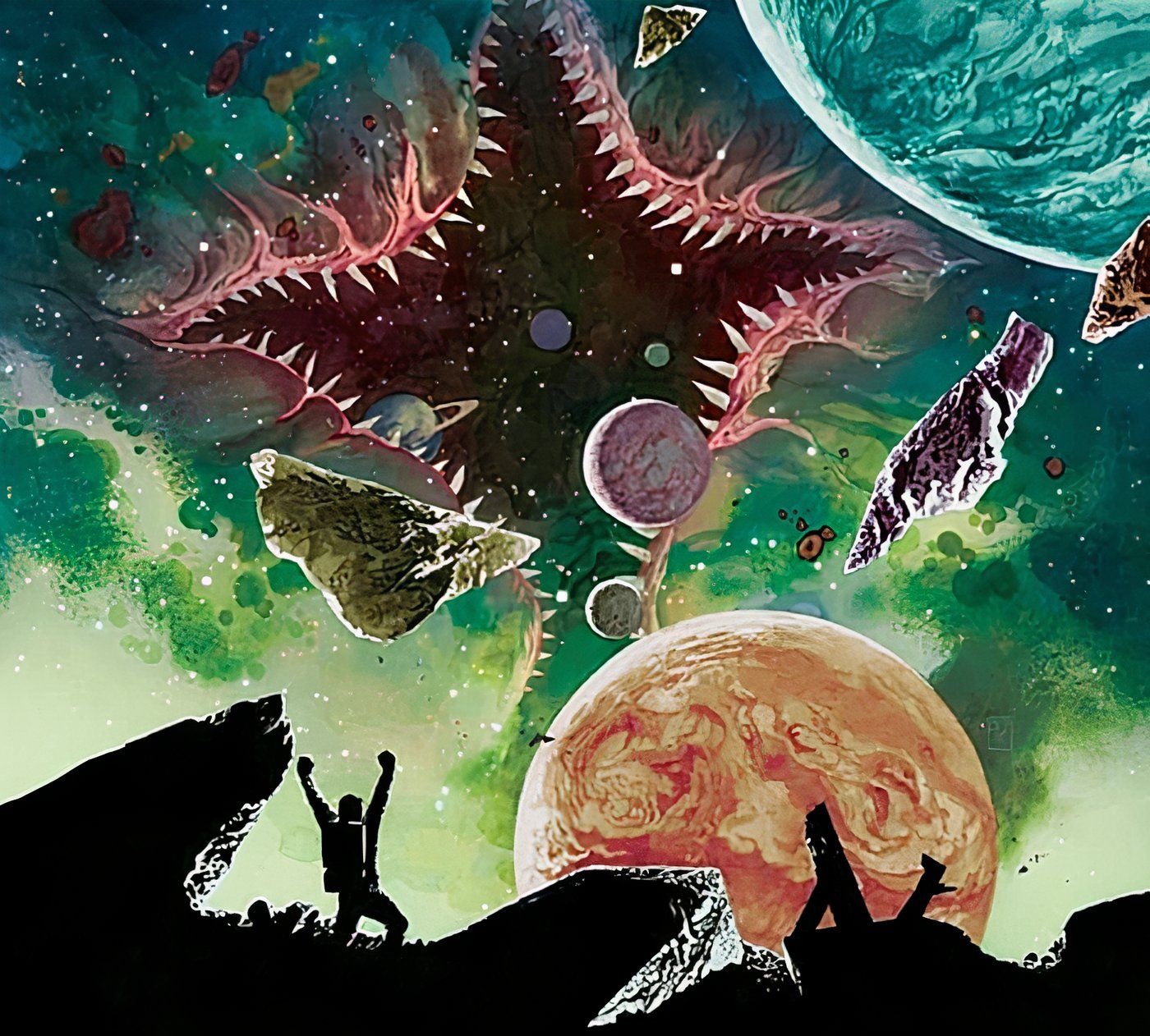 An astronaut stares at the sky above him with a space-monster looming overhead from this artwork from Oni Press's (EC Comics) Cruel Universe 1