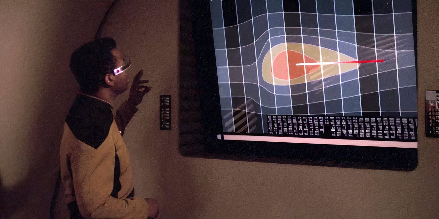 Um membro da tripulação da Enterprise olhando para uma anomalia temporal no episódio Causa e Efeito de Star Trek The Next Generation