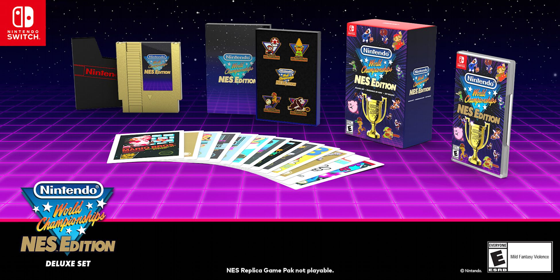 Uma imagem de tudo incluído na edição de luxo do Nintendo World Championships, uma réplica do cartucho dourado do NES, broches representando Mario, Link, Samus e Donkey Kong, bem como o logotipo do Nintendo World Championship, 13 art ca