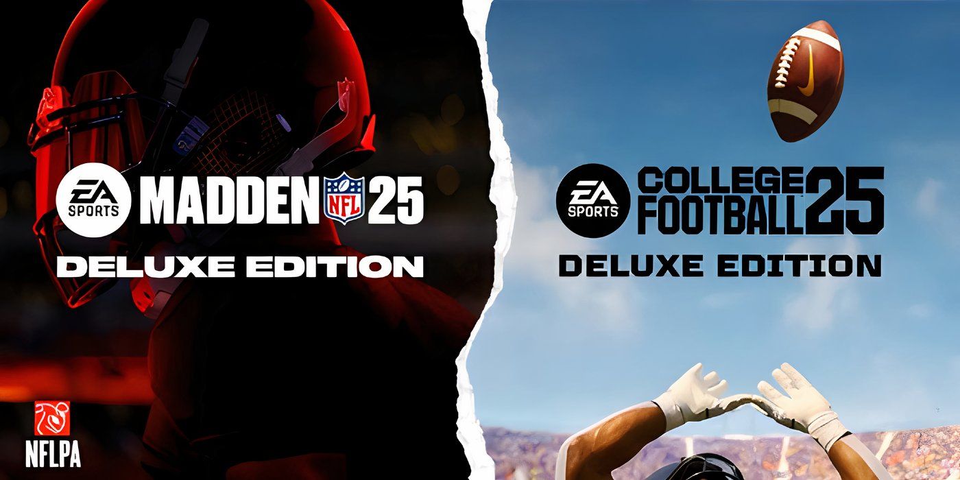 Uma imagem da capa do Madden 25, mostrando um jogador de futebol americano com um capacete com tonalidade vermelha, ao lado da capa do EA Sports College Football 25.
