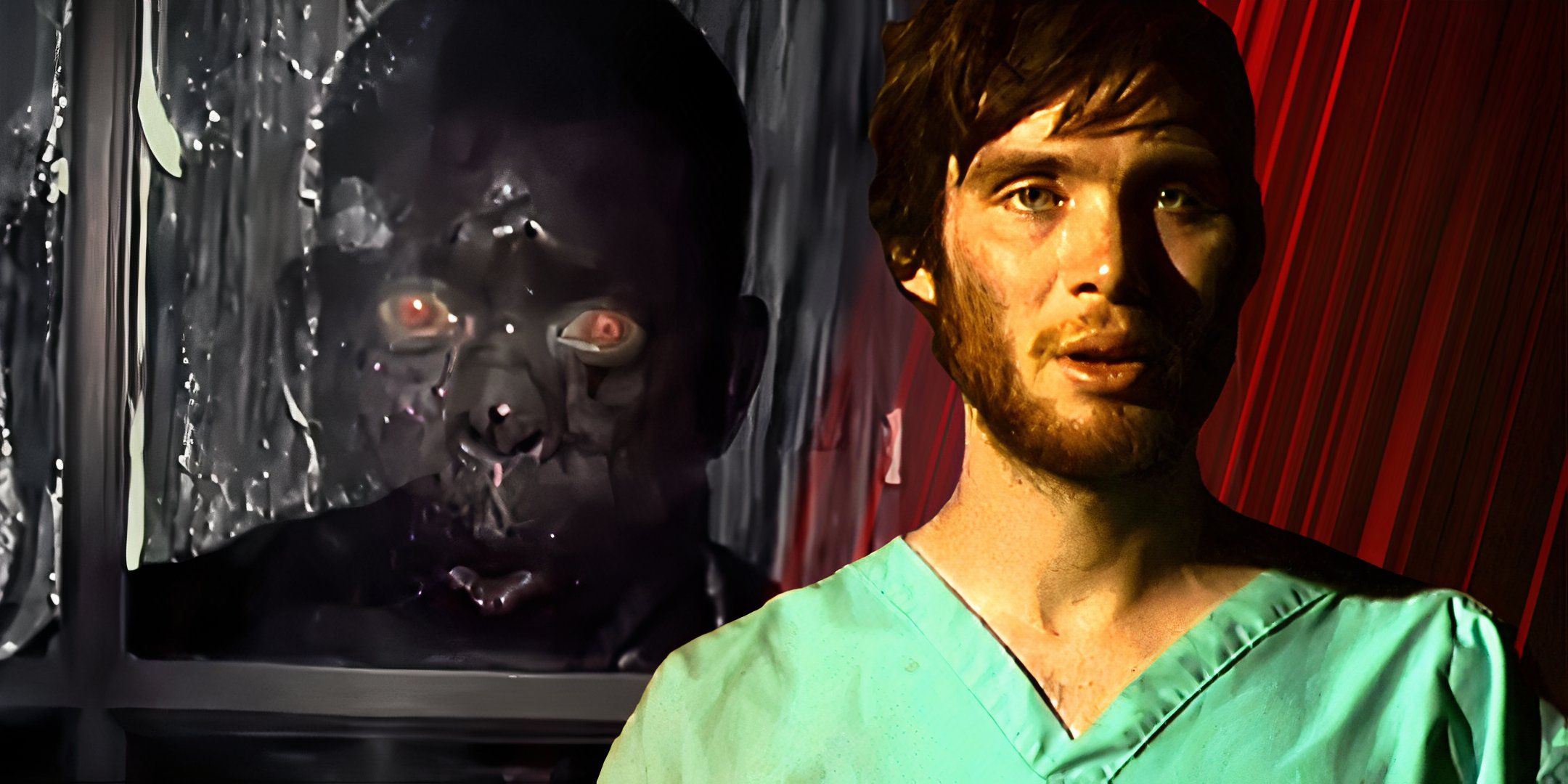 An infected looking at Cillian Murphy's Jim intently in 28 Days Later