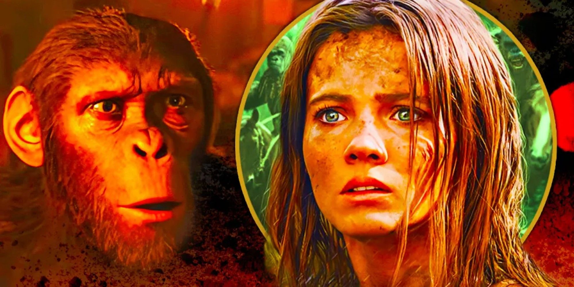 Uma imagem personalizada SR de Noa e Mae olhando para longe no Reino do Planeta dos Macacos