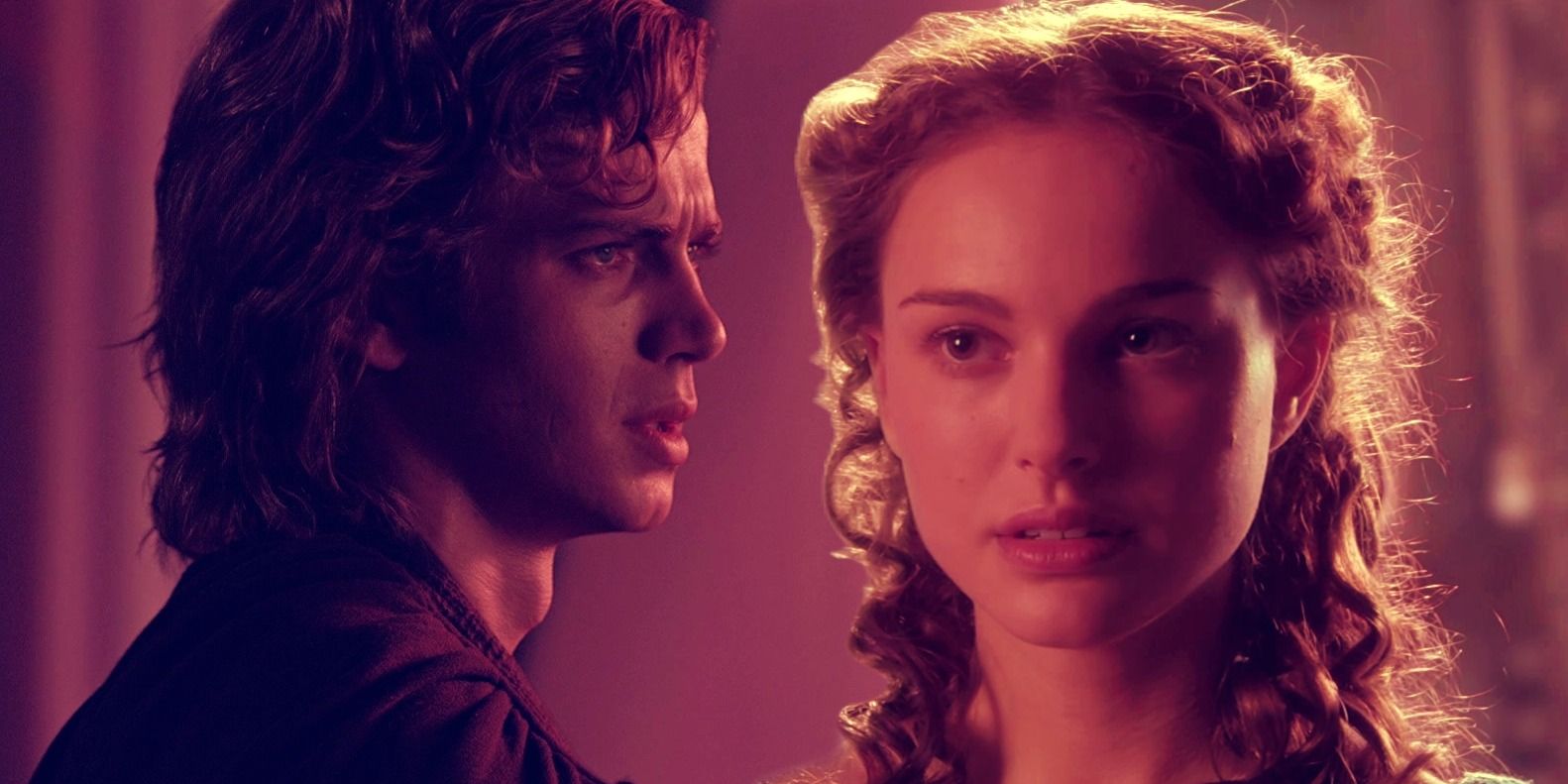 Anakin Skywalker from Revenge of the Sith looking upset to the left and Padme from Attack of the Clones looking concerned to the right in a combined image with a reddish hue