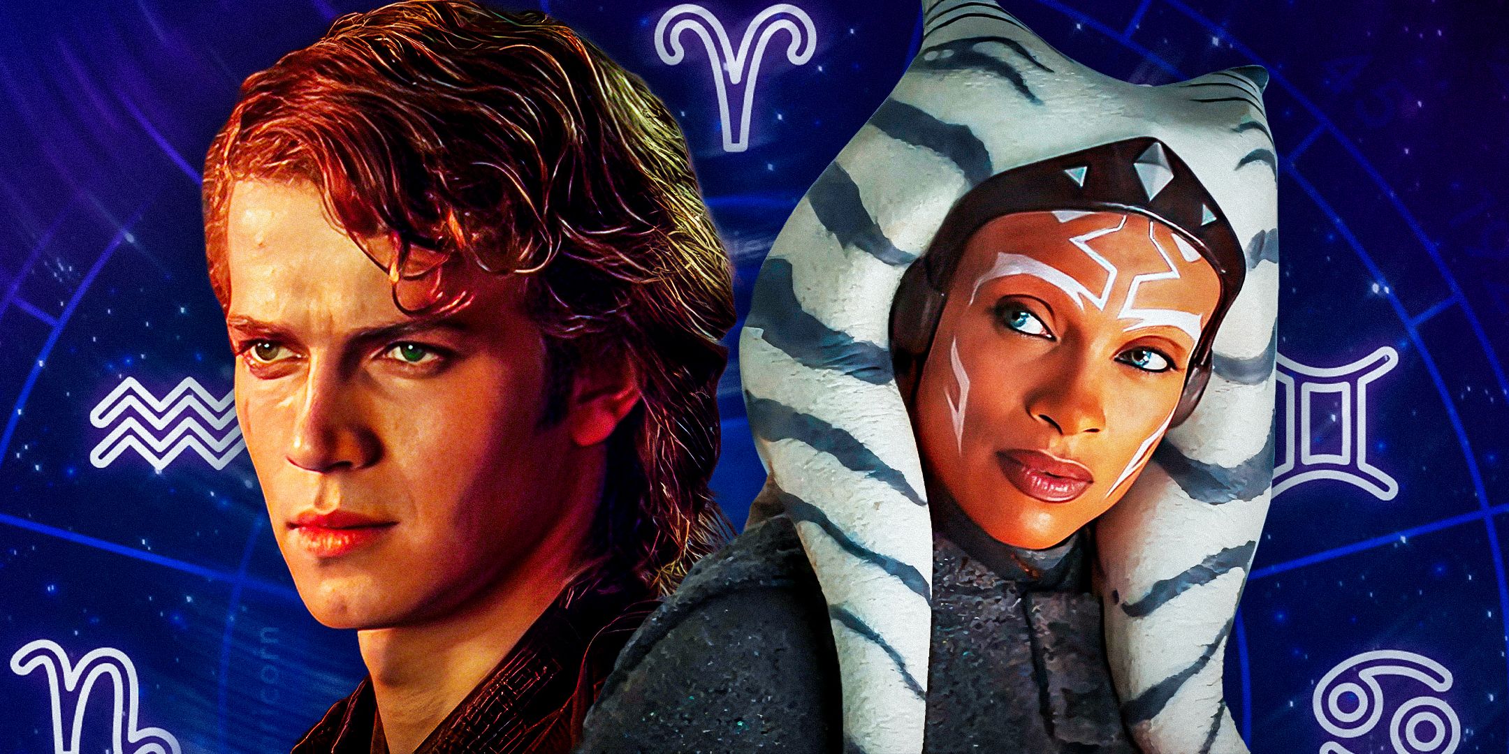 Anakin Skywalker to the left and Ahsoka Tano to the right both in live action in front of an image of the Zodiac signs