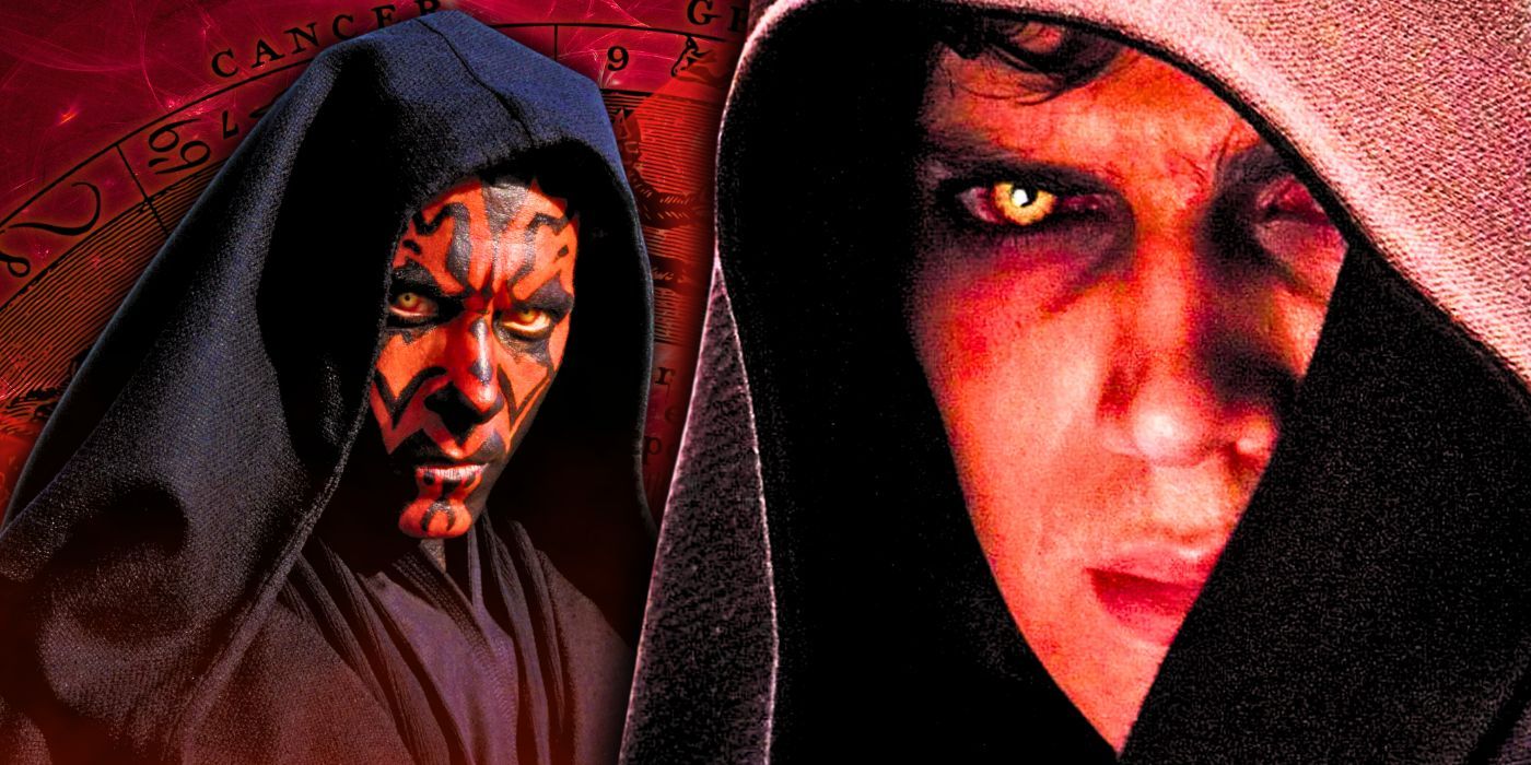 Darth Maul from Revenge of the Sith to the left and Anakin Skywalker with Sith eyes from Revenge of the Sith to the right with a red background showing some Zodiac symbols