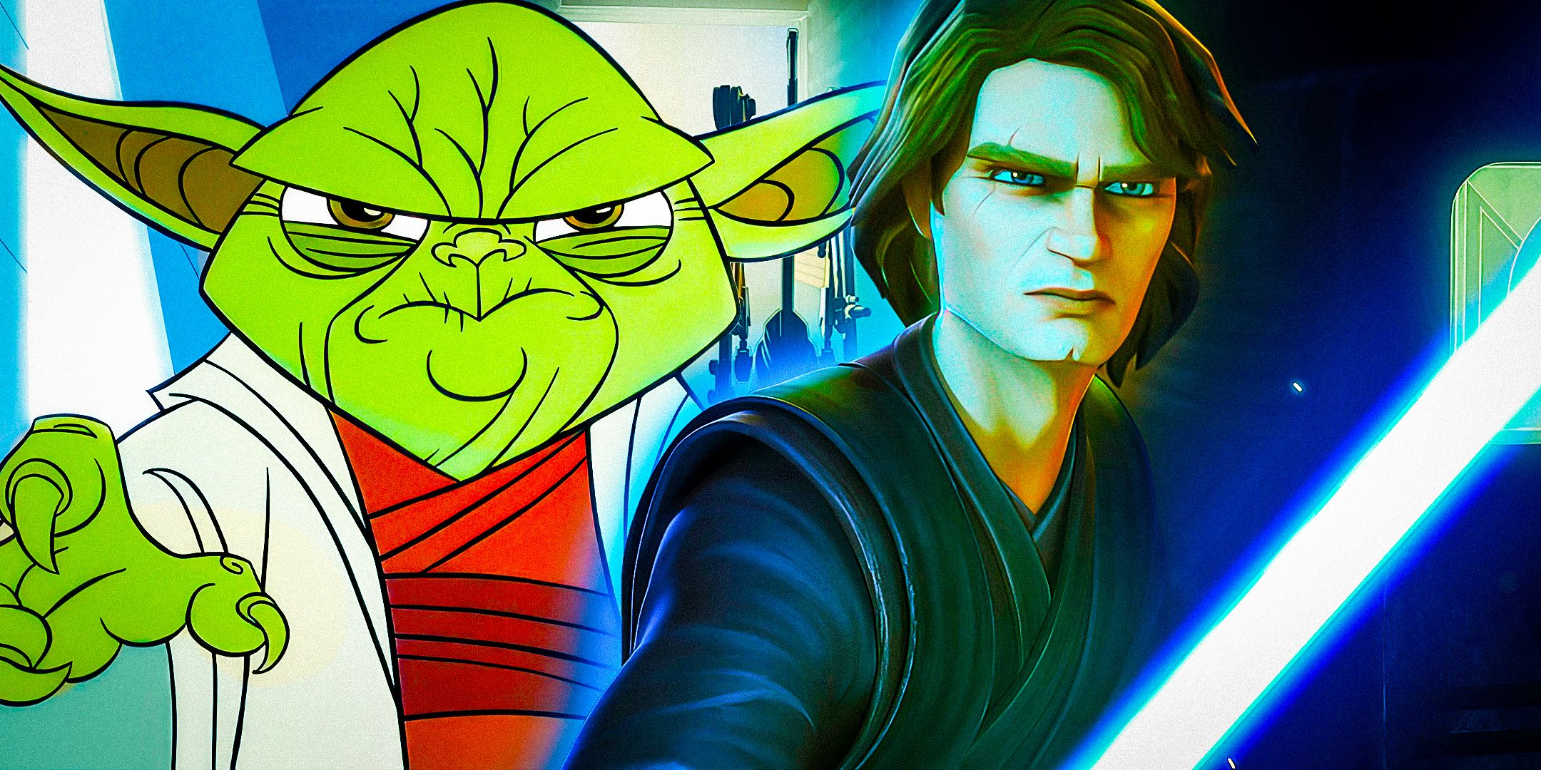 Master Yoda looking angry from Star Wars: Clone Wars (2003) to the left and Anakin Skywalker looking serious and holding his lightsaber from Star Wars: The Clone Wars (2008) to the right in a combined image