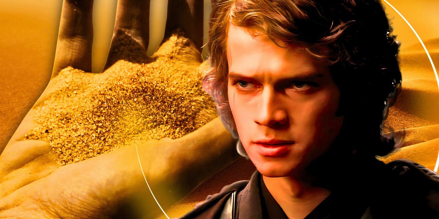 Anakin Skywalker (Hayden Christensen) from Star Wars: Episode III - Revenge of the Sith glares next to a person holding a handful of spice melange from Dune