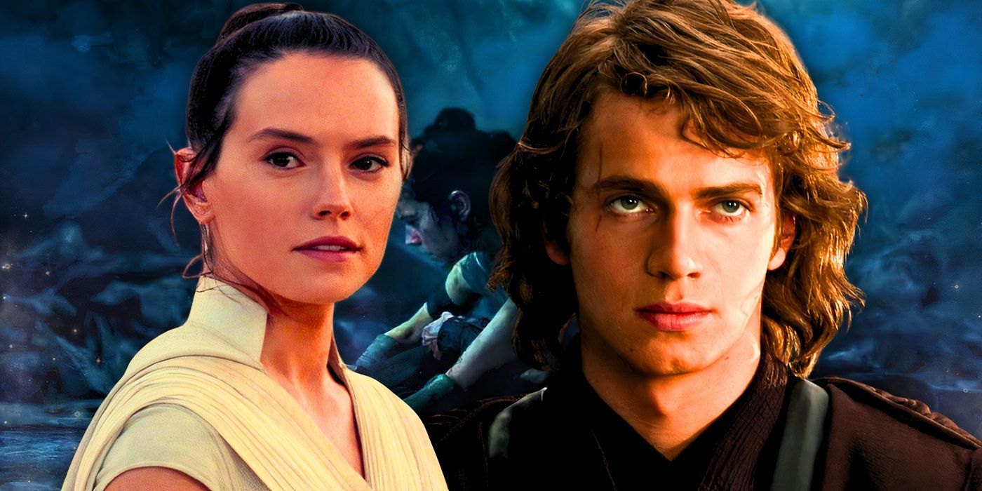 Rey Skywalker (Daisy Ridley) has a hopeful look on her face next to Anakin Skywalker (Hayden Christensen) in front of Rey squatting over Ben Solo's body in Star Wars