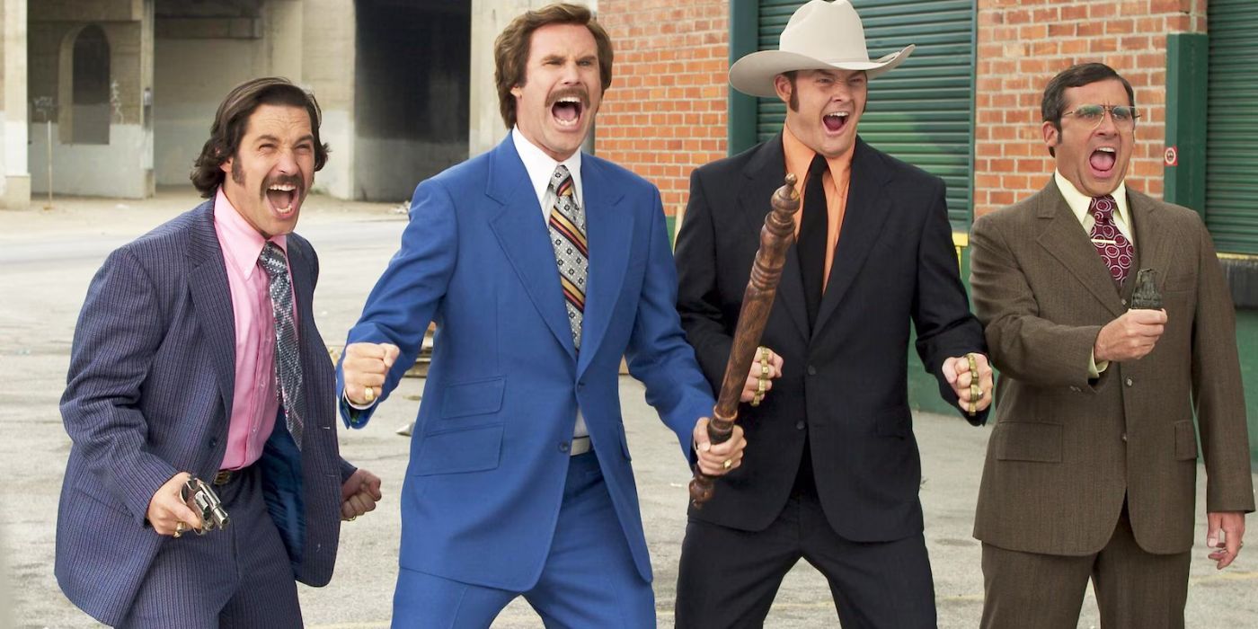 Will Ferrell, Paul Rudd, Steve Carell, and David Koechner cheering in Anchorman