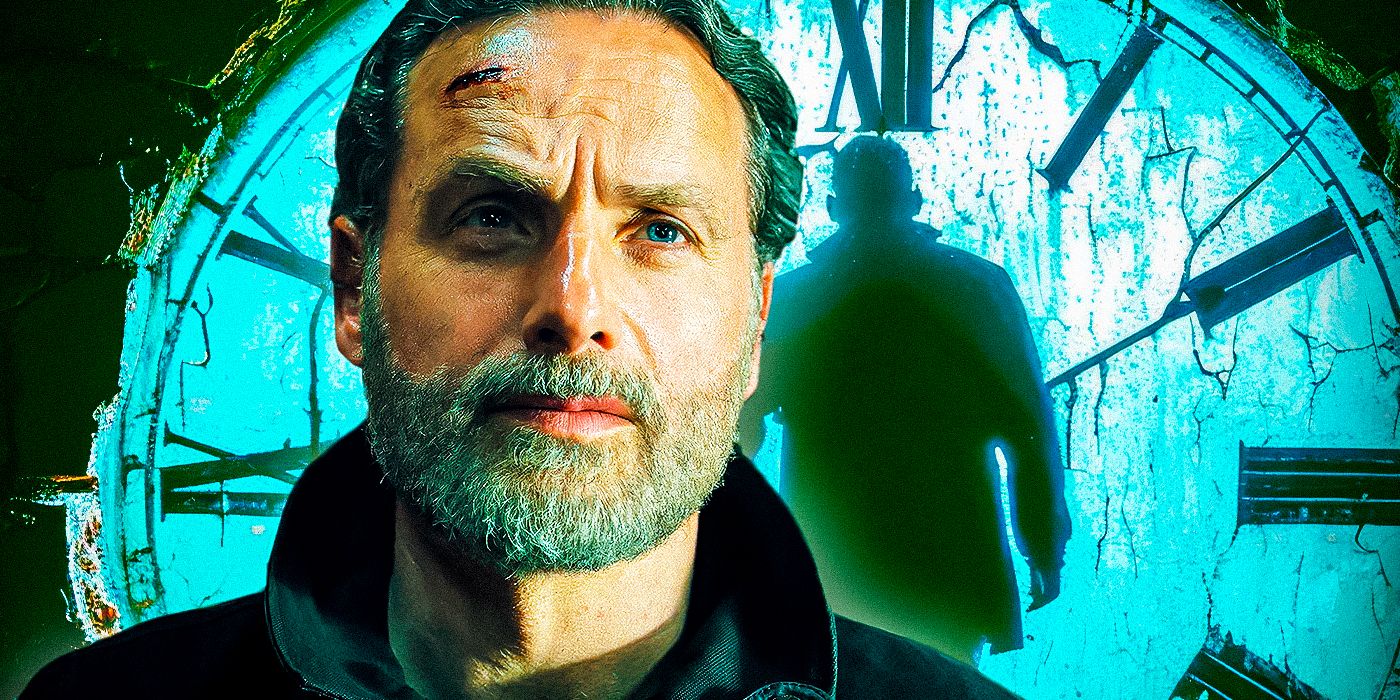 Andrew Lincoln as Rick Grimes in The Ones Who Live with a clock and silhouette in the background