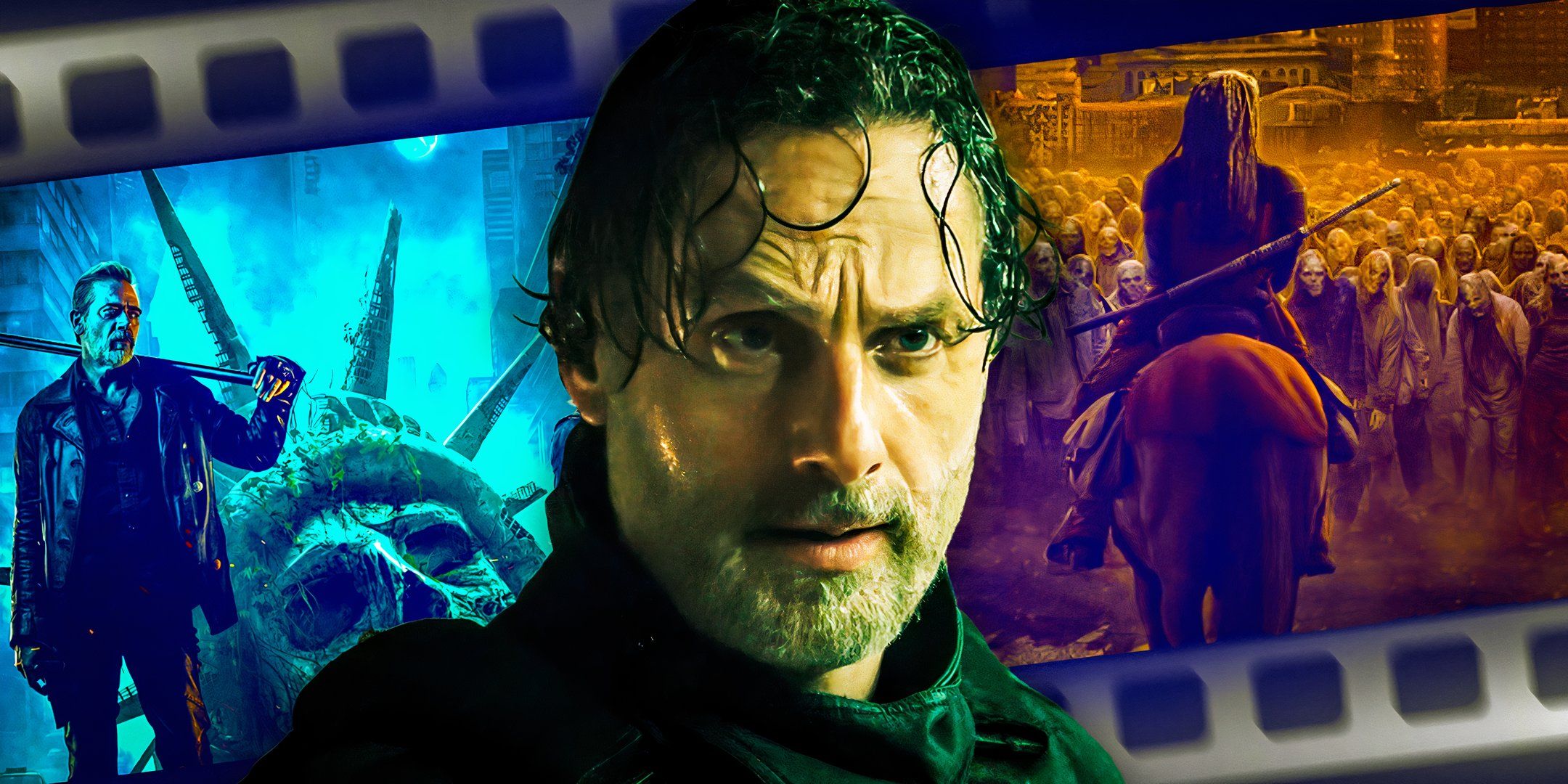 Andrew Lincoln as Rick Grimes next to Jeffrey Dean Morgan as Negan in the Dead City poster and Danai Gurira as Michonne riding a horse in front of a zombie horde