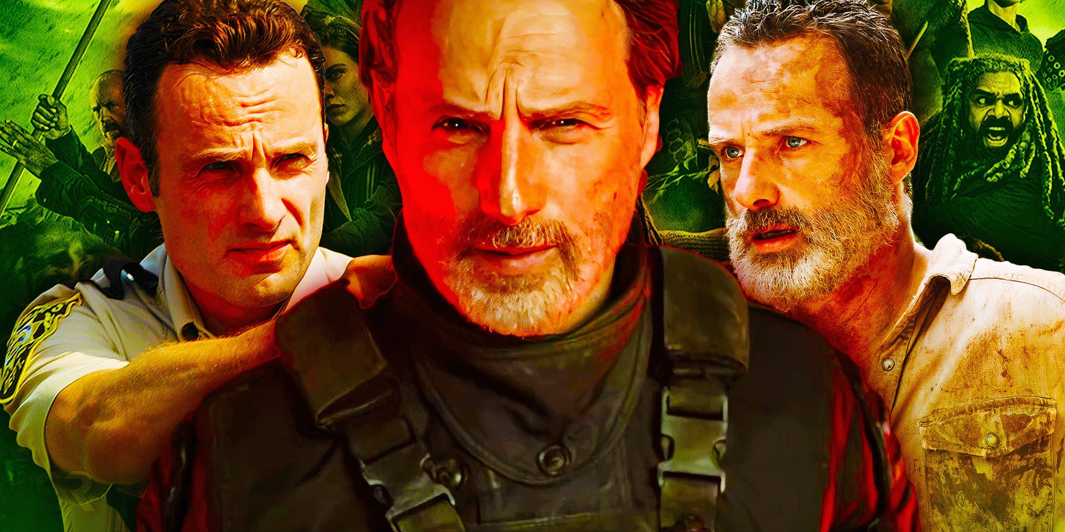 Andrew Lincoln as Rick Grimes throughout his years on The Walking Dead with other characters in the background