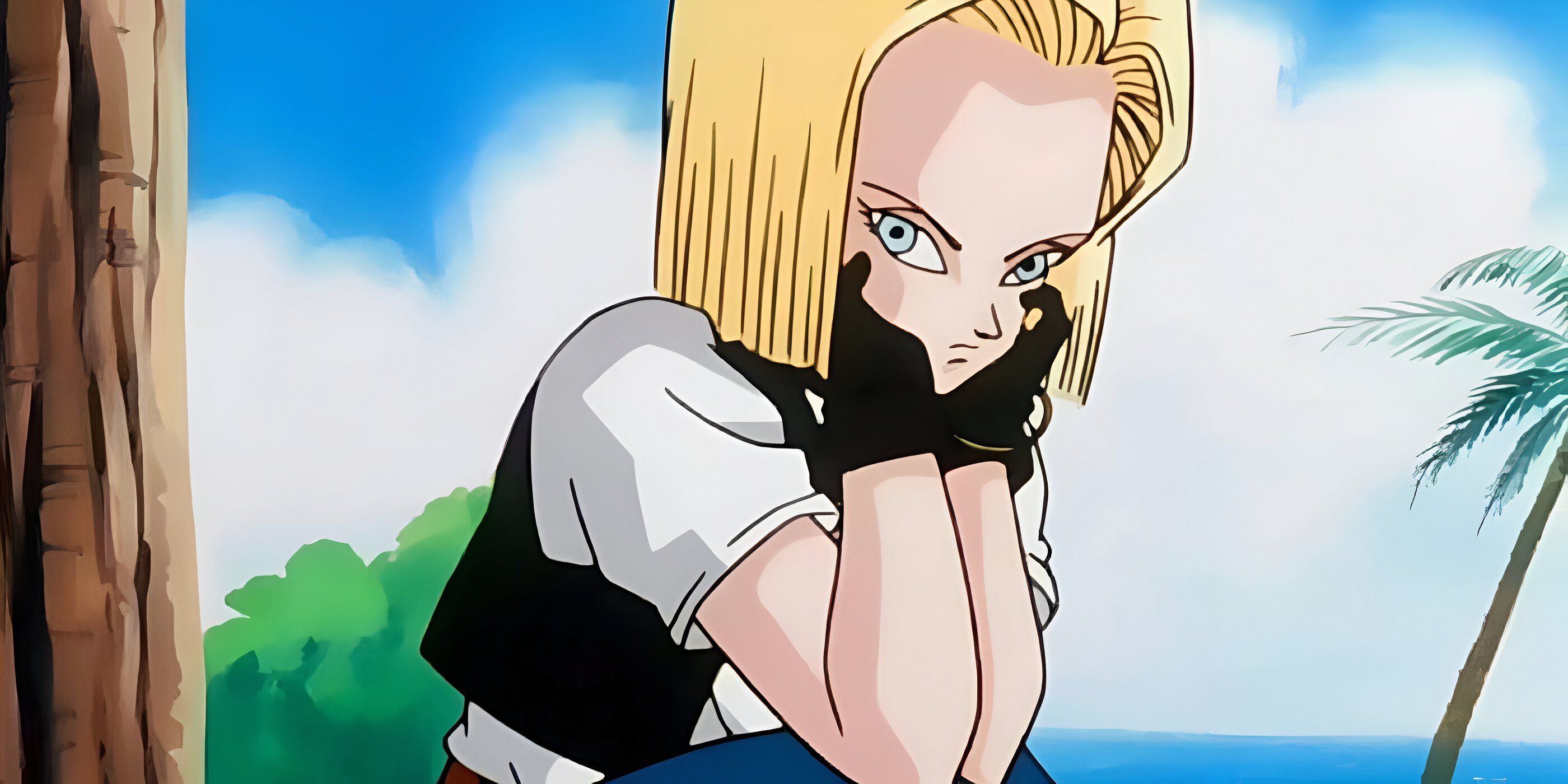 android 18 sitting with her hands holding her face dragon ball z
