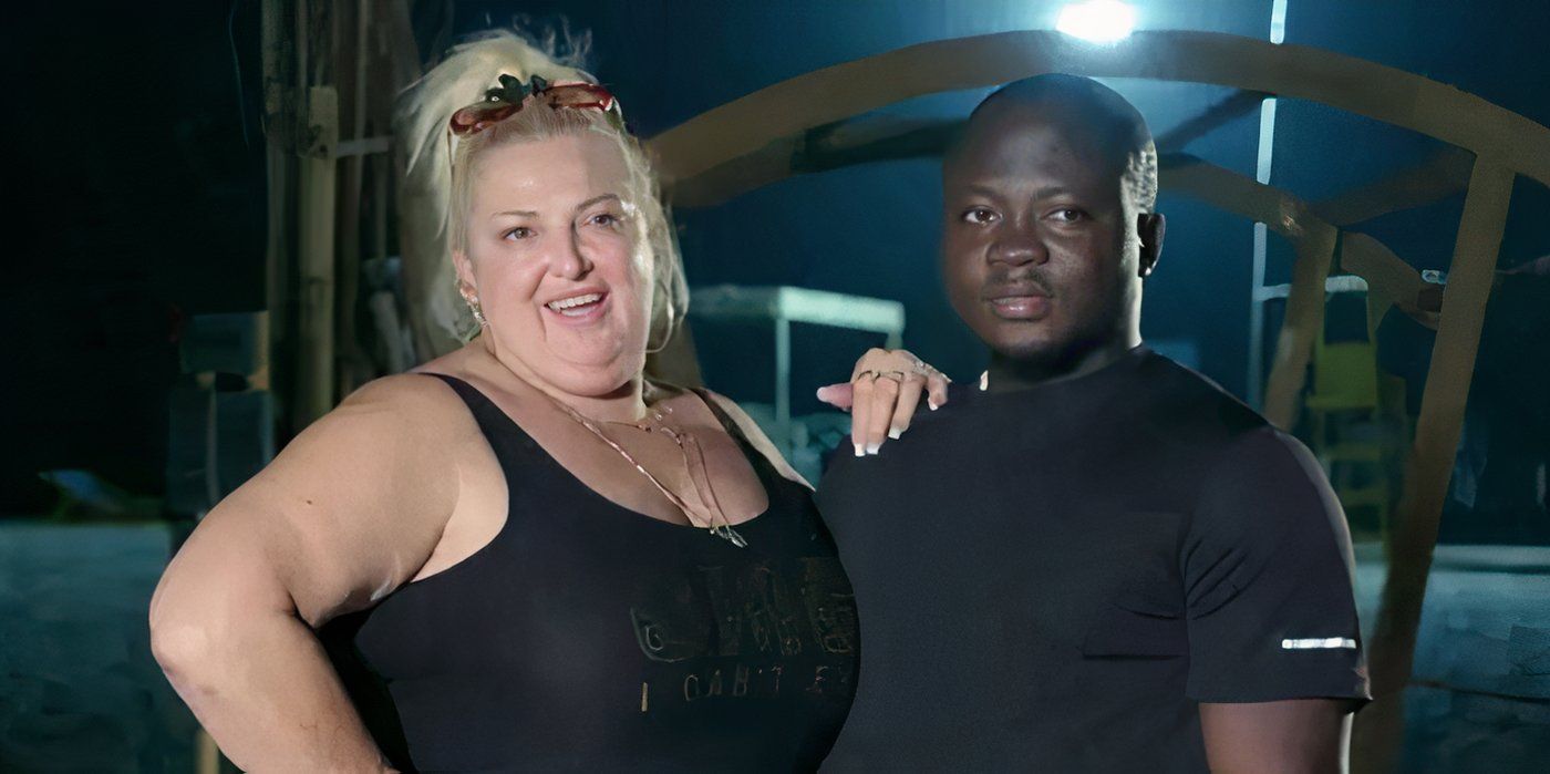 Angela Deem in black tank top with her left arm on Michael Ilesnami's shoulder In 90 Day Fiance