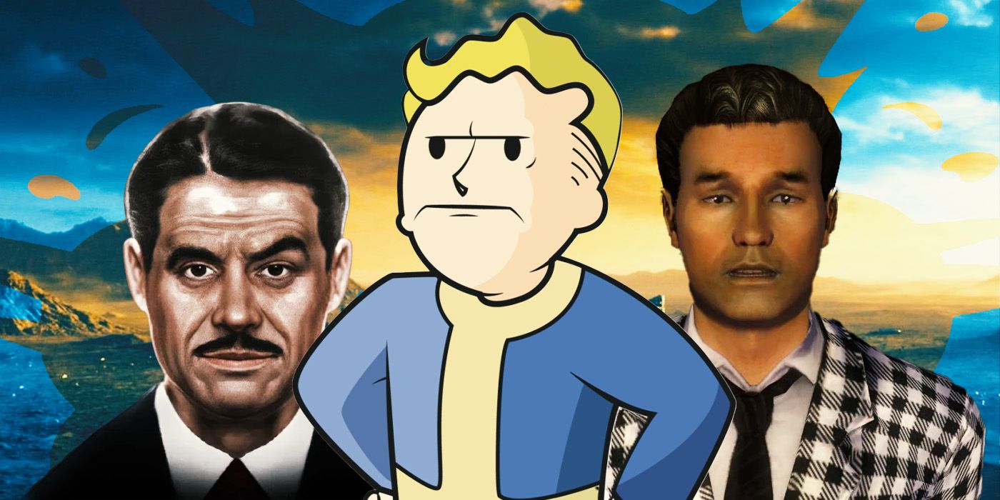 Angry Vault Boy in front of Benny and Mr. House from New Vegas.