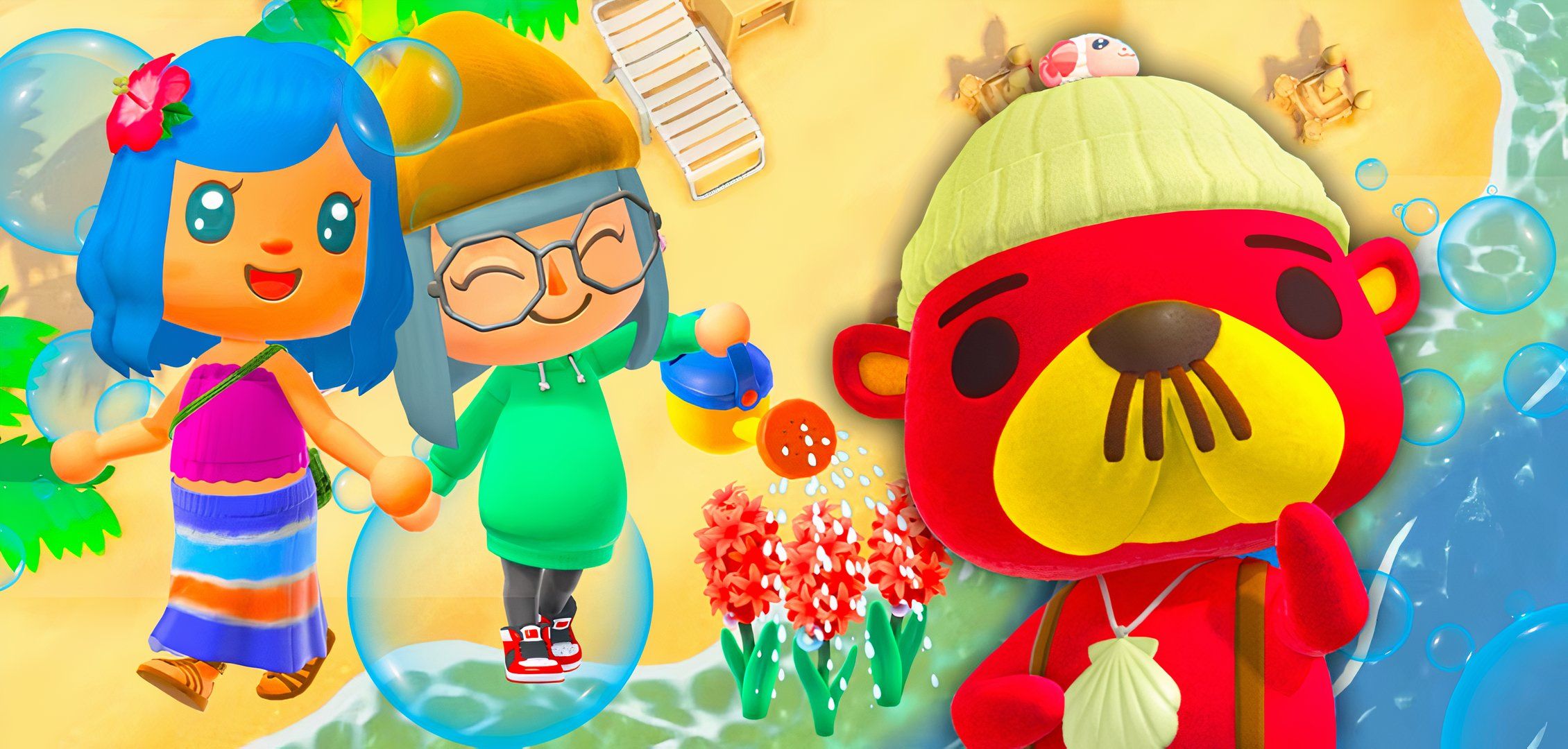 Animal Crossing: New Horizons characters with summer items and a beach in the background for June 2024