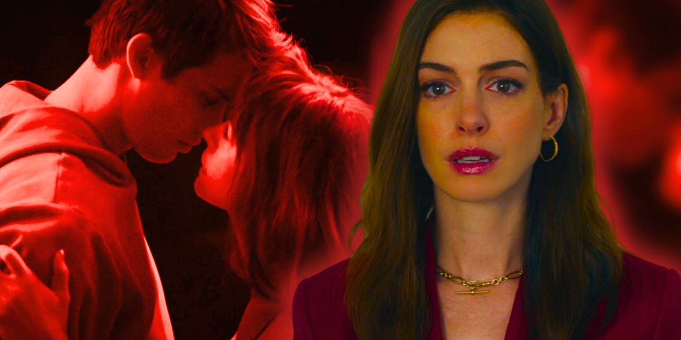 Anne Hathaway as Solene looking tearful in the Idea of You with Hayes and Solene sharing a kiss in the background