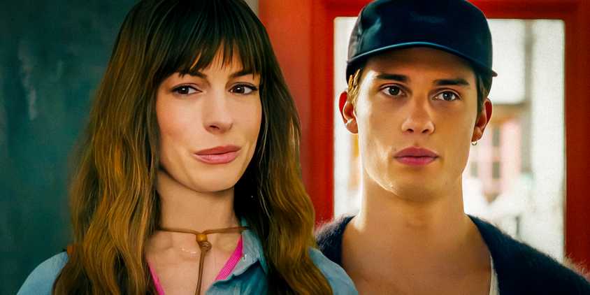 Collage of Anne Hathaway and Nicholas Galitzine in The Idea of You.