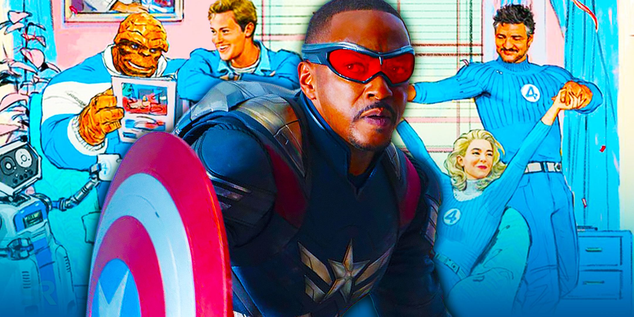 Anthony Mackie As Sam Wilson In Full Blue Captain America Costume With The Fantastic Four Official Casting Art