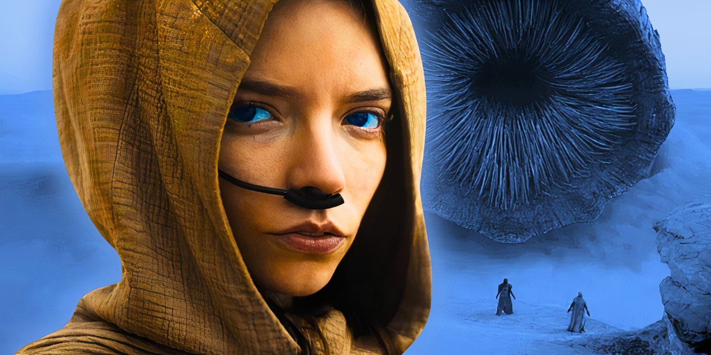 Anya Taylor-Joy as Alia Atreides in Dune 2 with sand worms behind her