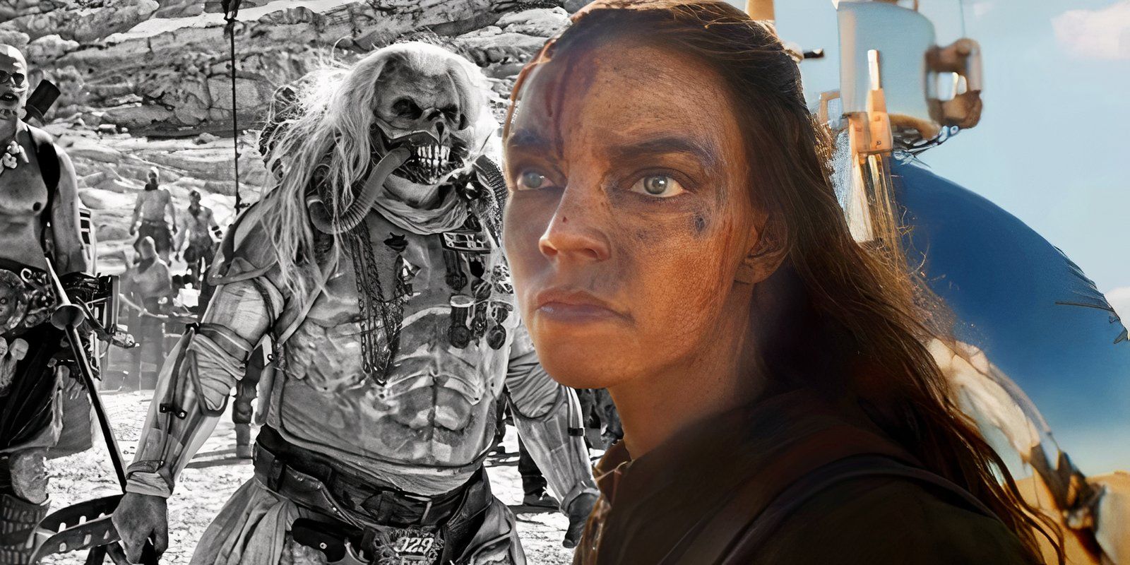 Anya Taylor-Joy as Furiosa in Furiosa A Mad Max Saga juxtaposed with Immortan Joe in Mad Max Fury Road