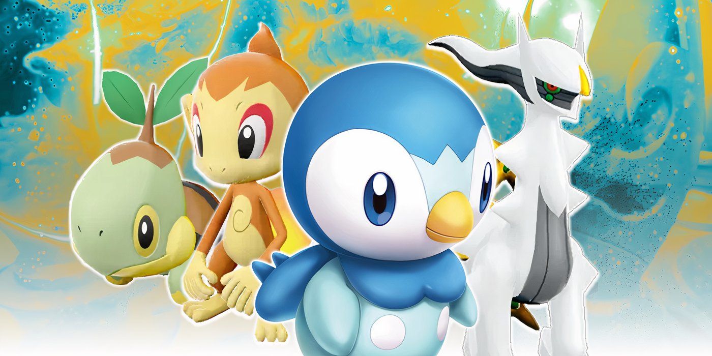 Arceus, Piplup, Chimcar, and Turtwig from Pokemon Legends Arceus.