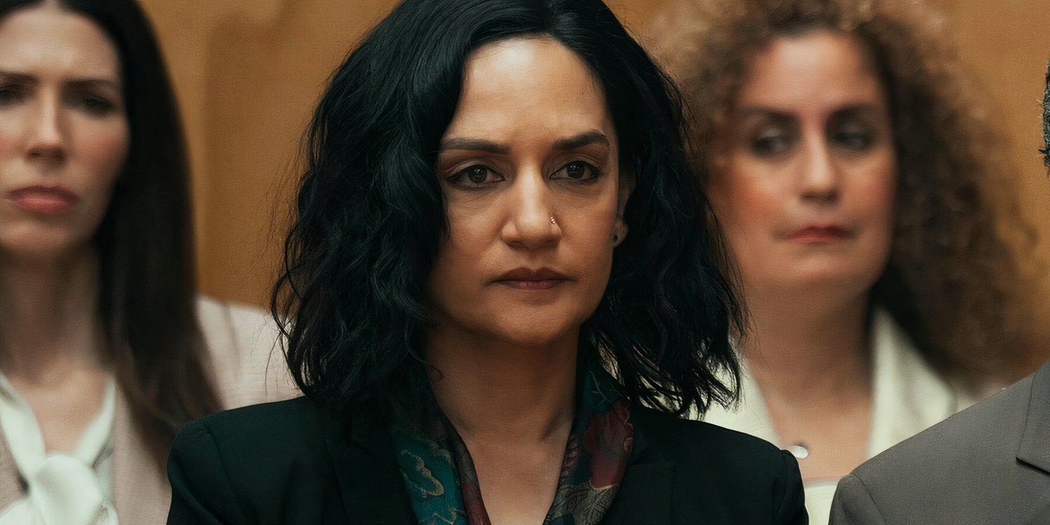 Archie Panjabi as Suman sitting in a court room in Under the Bridge