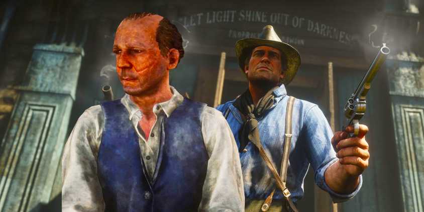 Arthur Morgan from Red Dead Redemption 2 with a fence merchant