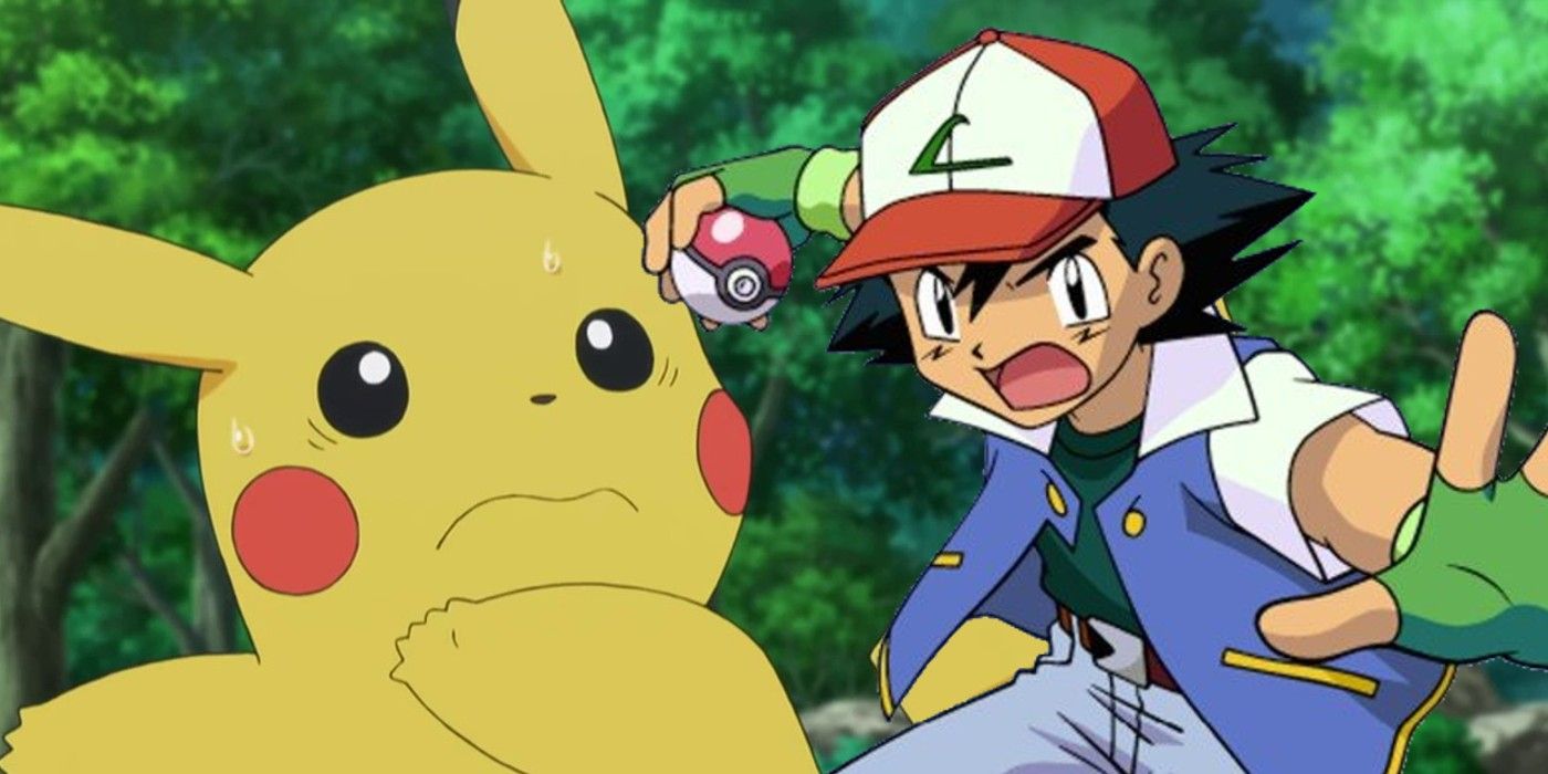 Ash prepares to throw a PokeBall while Pikachu appears startled in the background