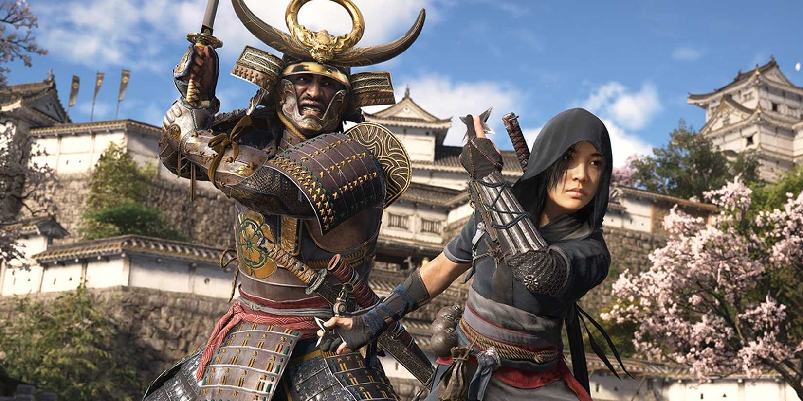 Sasuke and Naoe preparing for combat outside a Japanese fortress in Assassins Creed Shadows