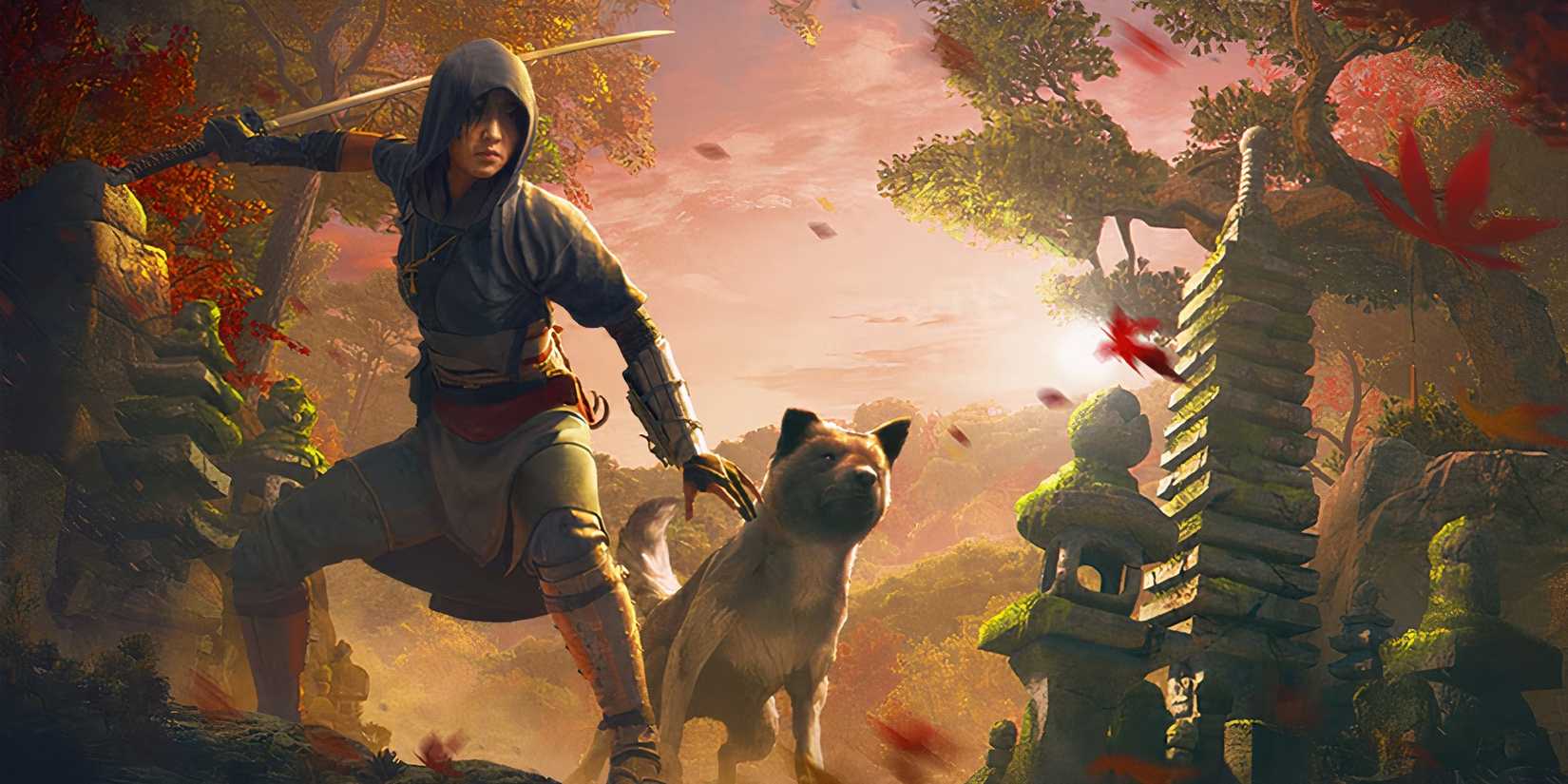 Naoe with a dog in the Assassin's Creed Shadows Thrown To The Dogs Preorder Quest