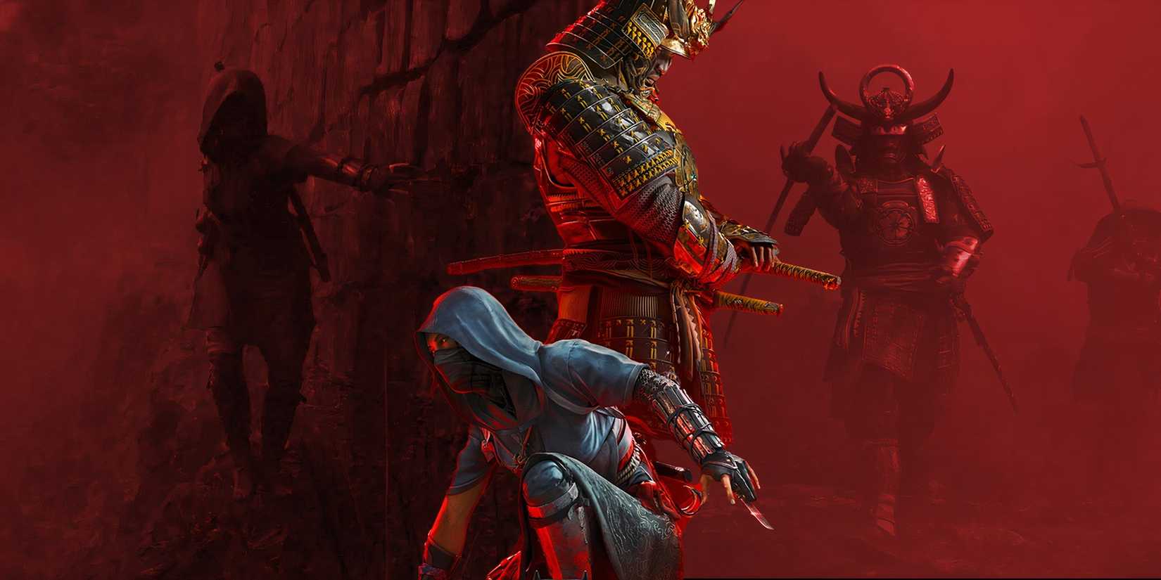 Yasuke standing over Naoe from Assassin's Creed Shadows with stealth and samurai combat in the background.