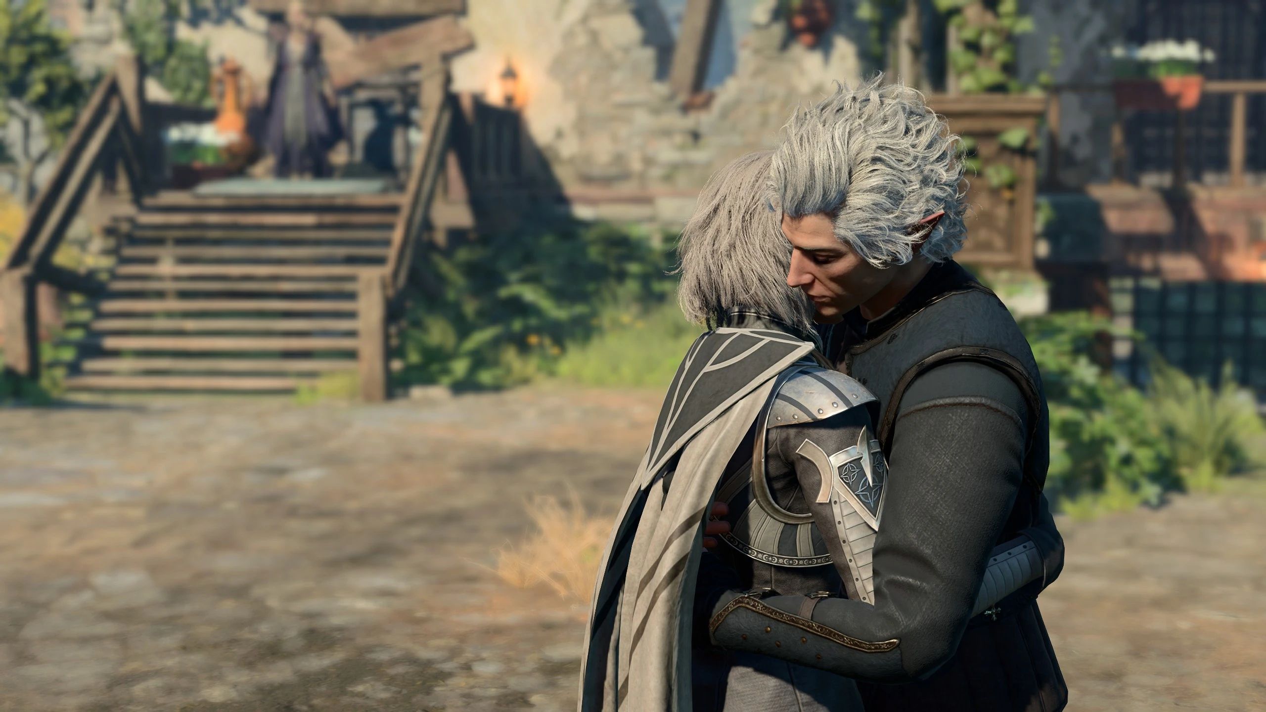 Astarion and a player's Tav hugging in Baldur's Gate 3.